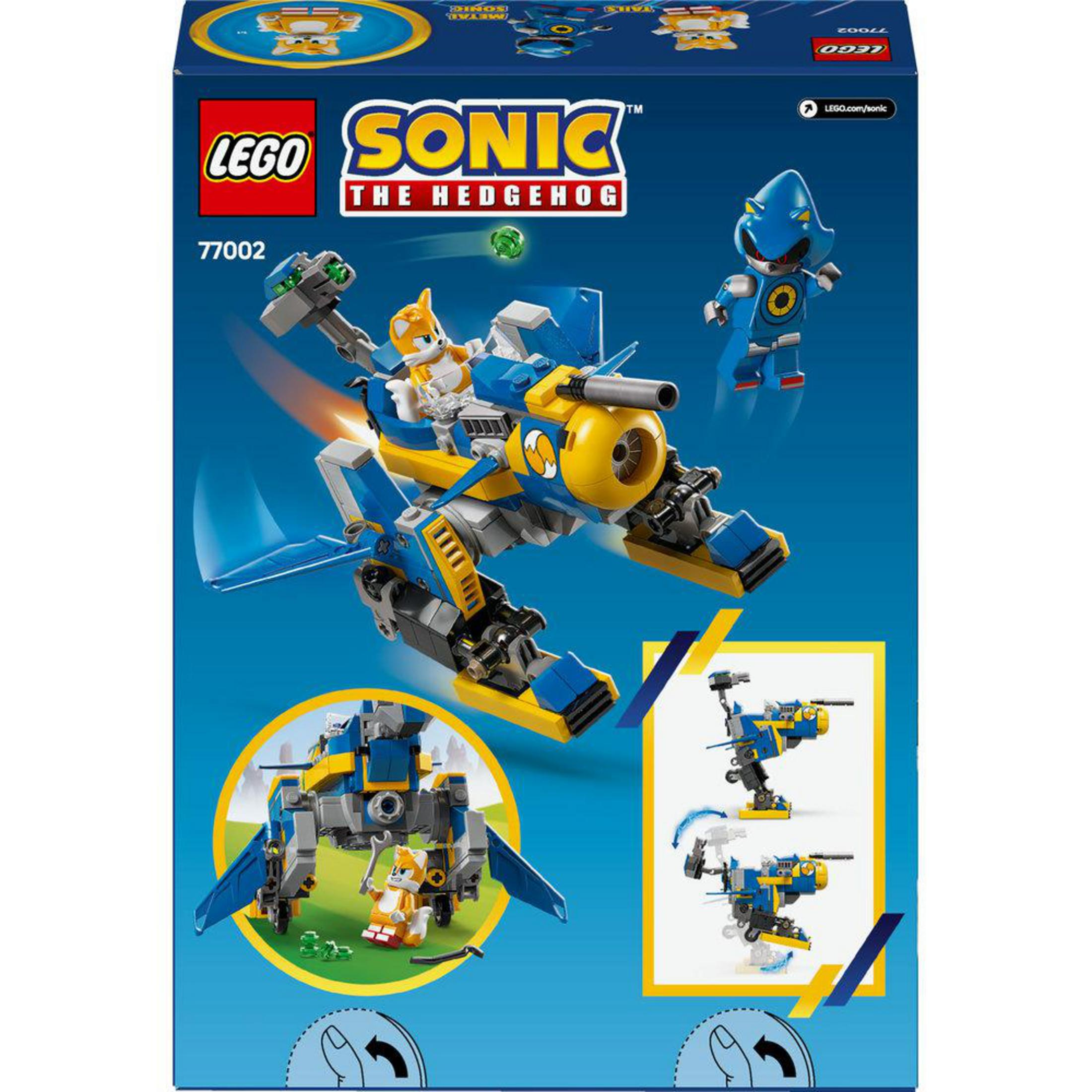 Scatola del set Lego Sonic con Sonic, Tails e Metal Sonic. L'immagine mostra un aereo costruibile e figure.