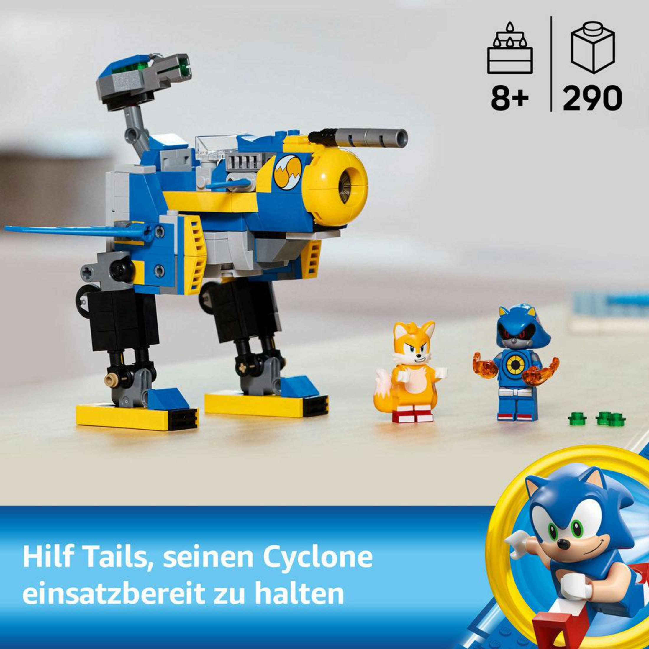 Set Lego Sonic. Il modello è blu e giallo. Sono inclusi anche Tails e un altro personaggio.