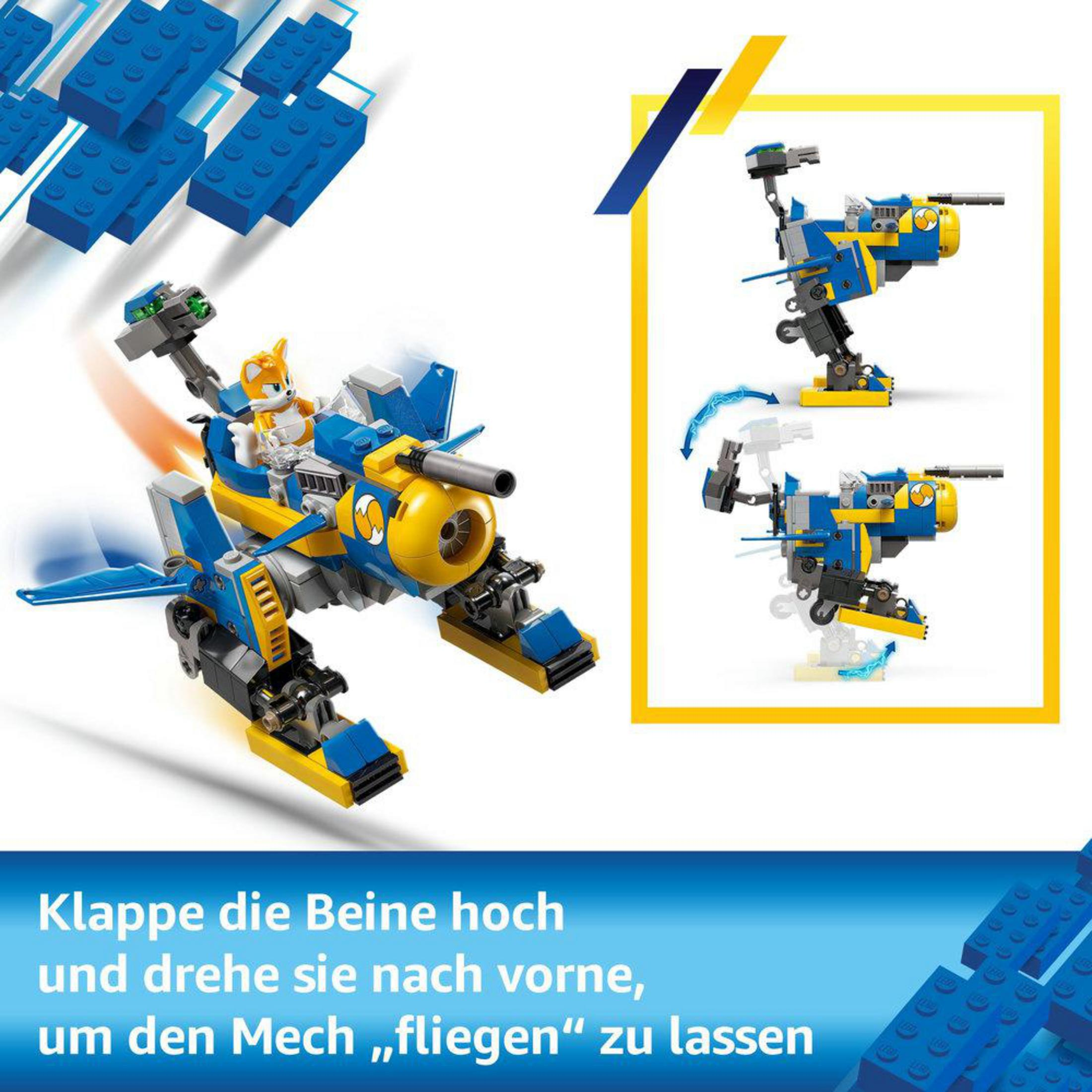 Zestaw Lego Sonic. Model jest niebiesko-żółty i jest pojazdem transformującym. Pokazano inne modele.