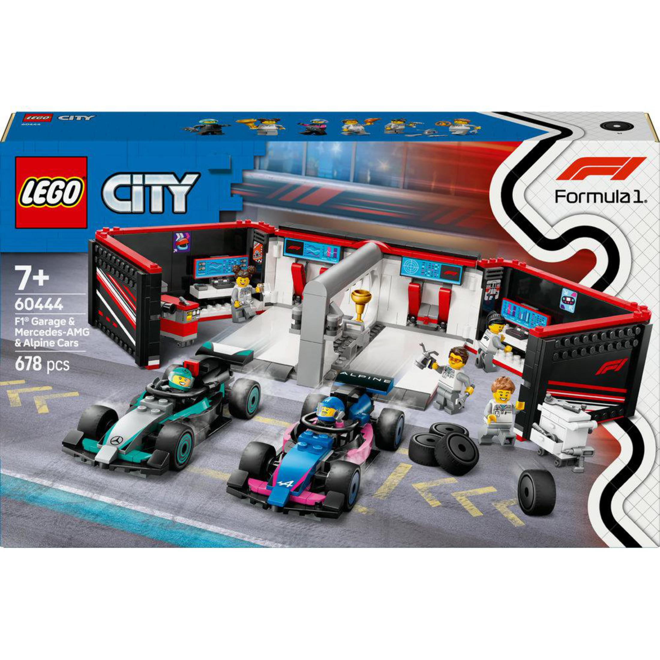Un set de Lego City con coches de carreras y mecánicos. El set está en un entorno de garaje.