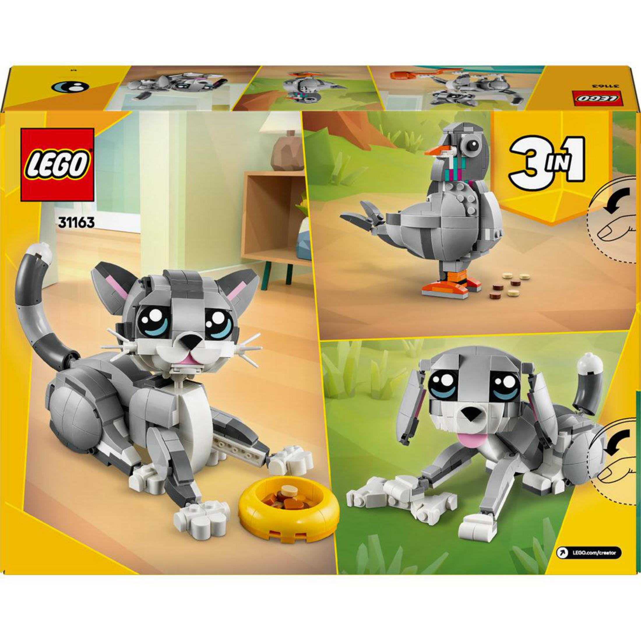 Scatola del set LEGO Creator: un gatto, un cane e un uccello fatti con mattoncini LEGO.