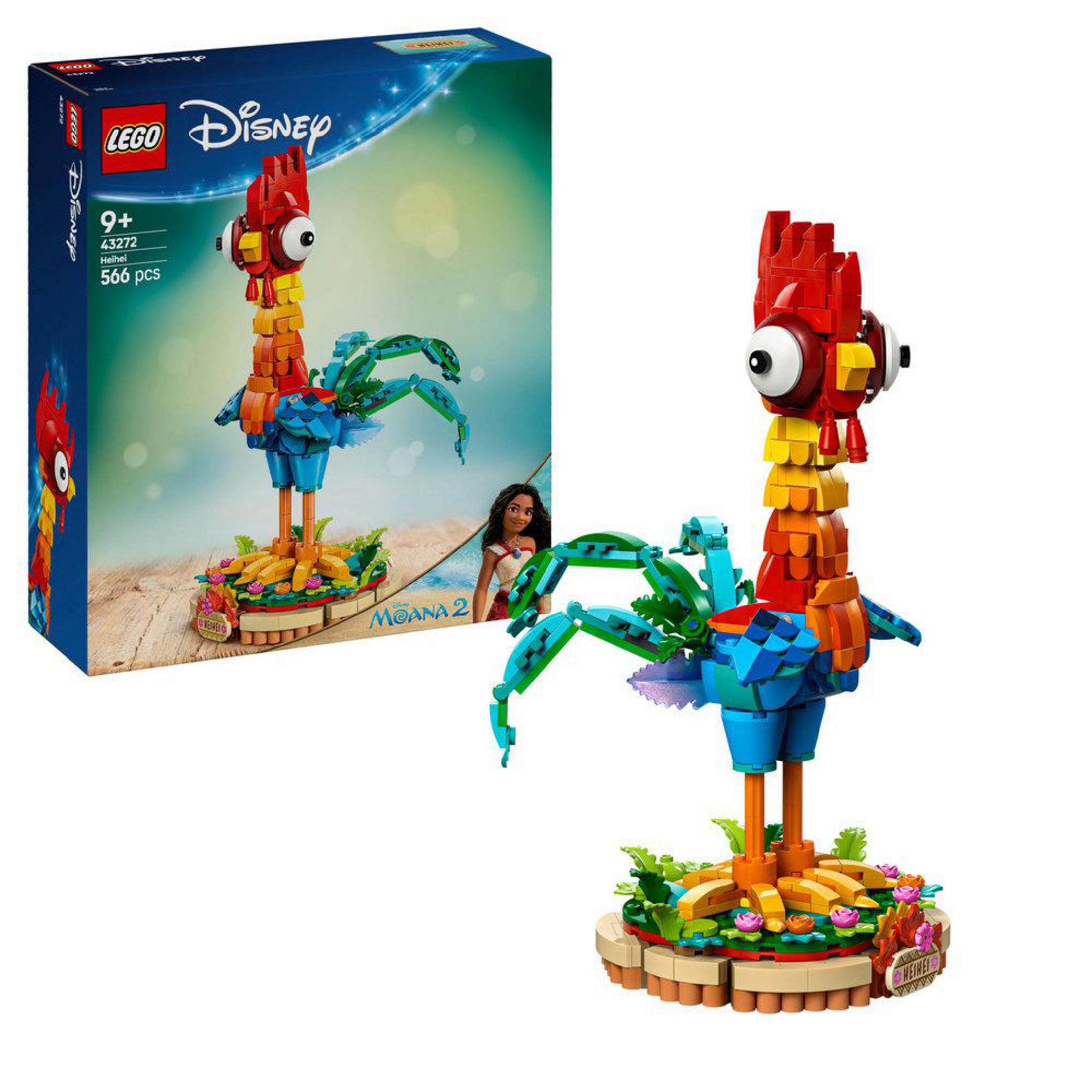 Moana 2'den Hei Hei'nin Lego seti. Renkli bir horoz Lego figürü ve kutu gösteriliyor.