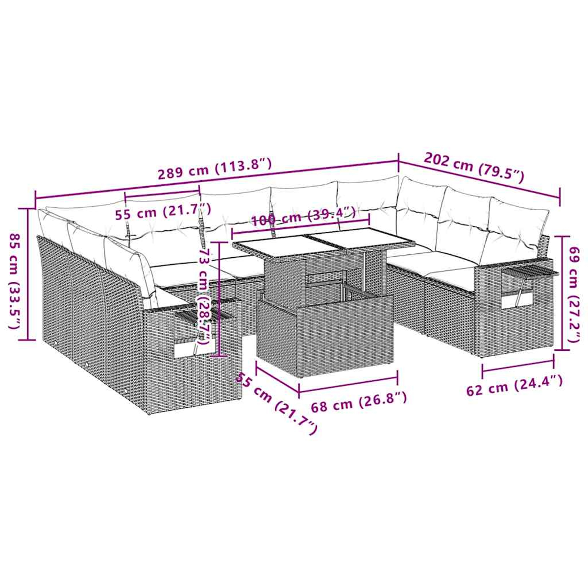 Gartenmöbel-Set aus Korbgeflecht. Es hat ein Ecksofa, einen Couchtisch, Abmessungen.