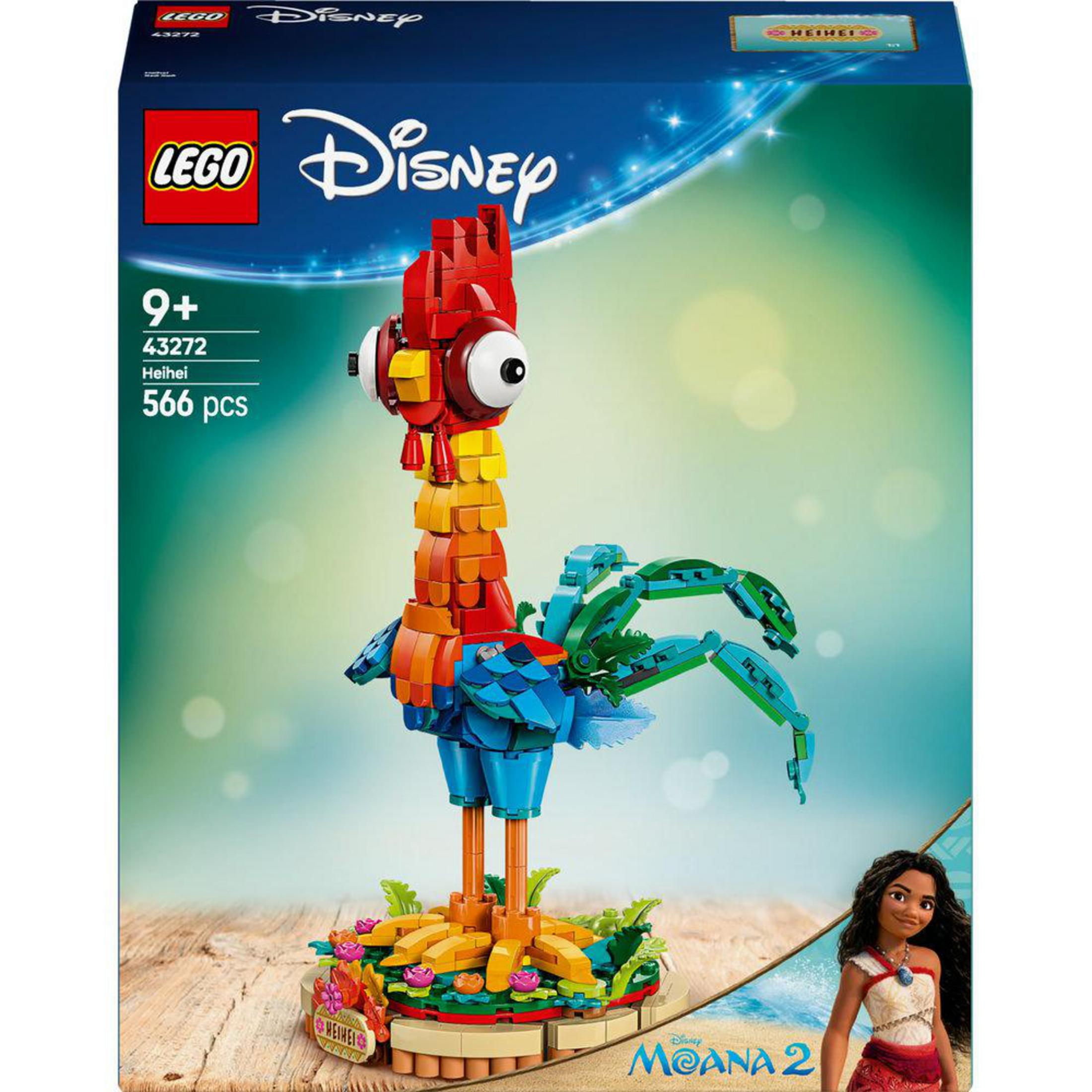Moana 2'den Hei Hei'nin Lego seti. Kırmızı kafa ve sarı boynu olan renkli bir horoz.