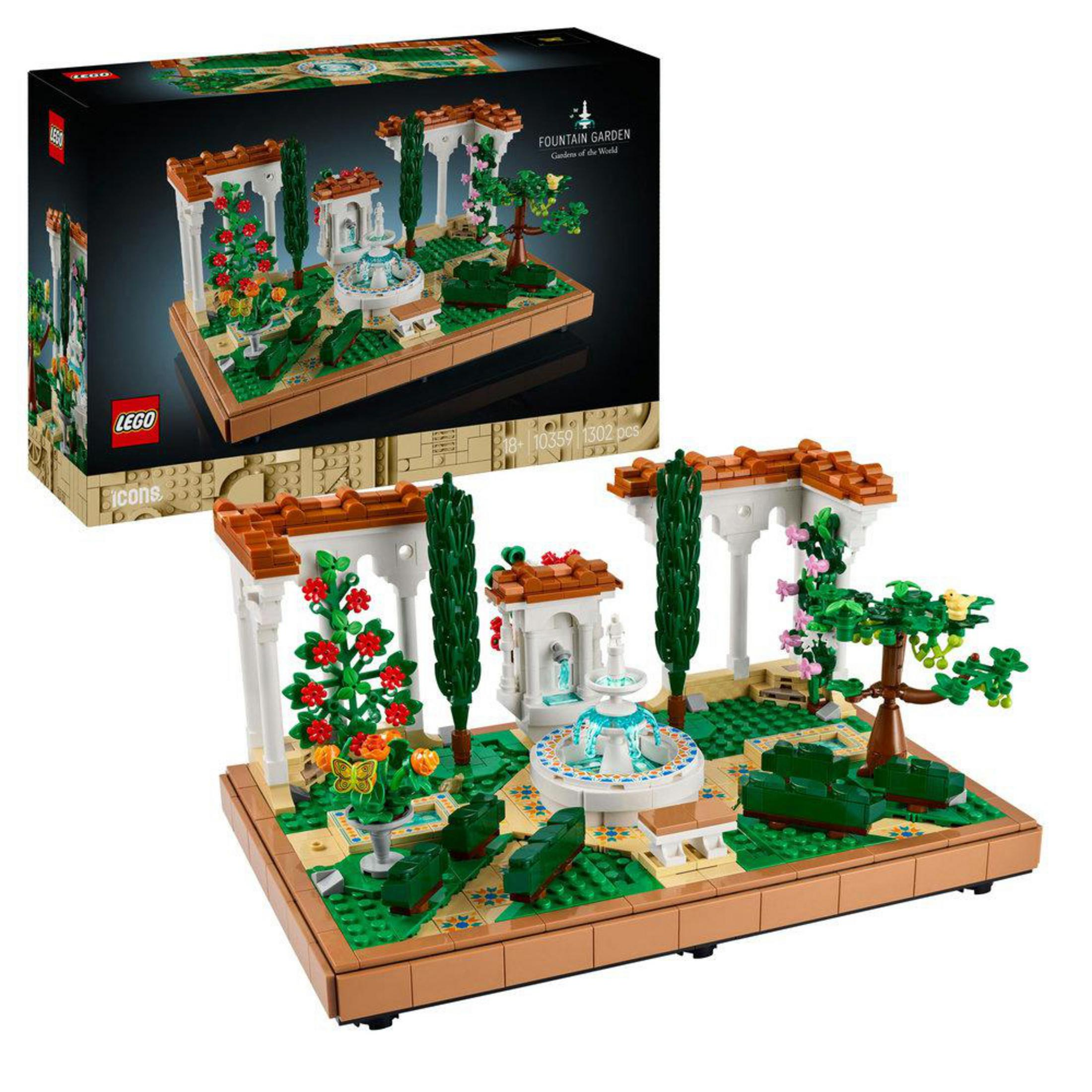 Lego Icons set met een fonteintuin. Gedetailleerde tuin met fontein en bloemen.