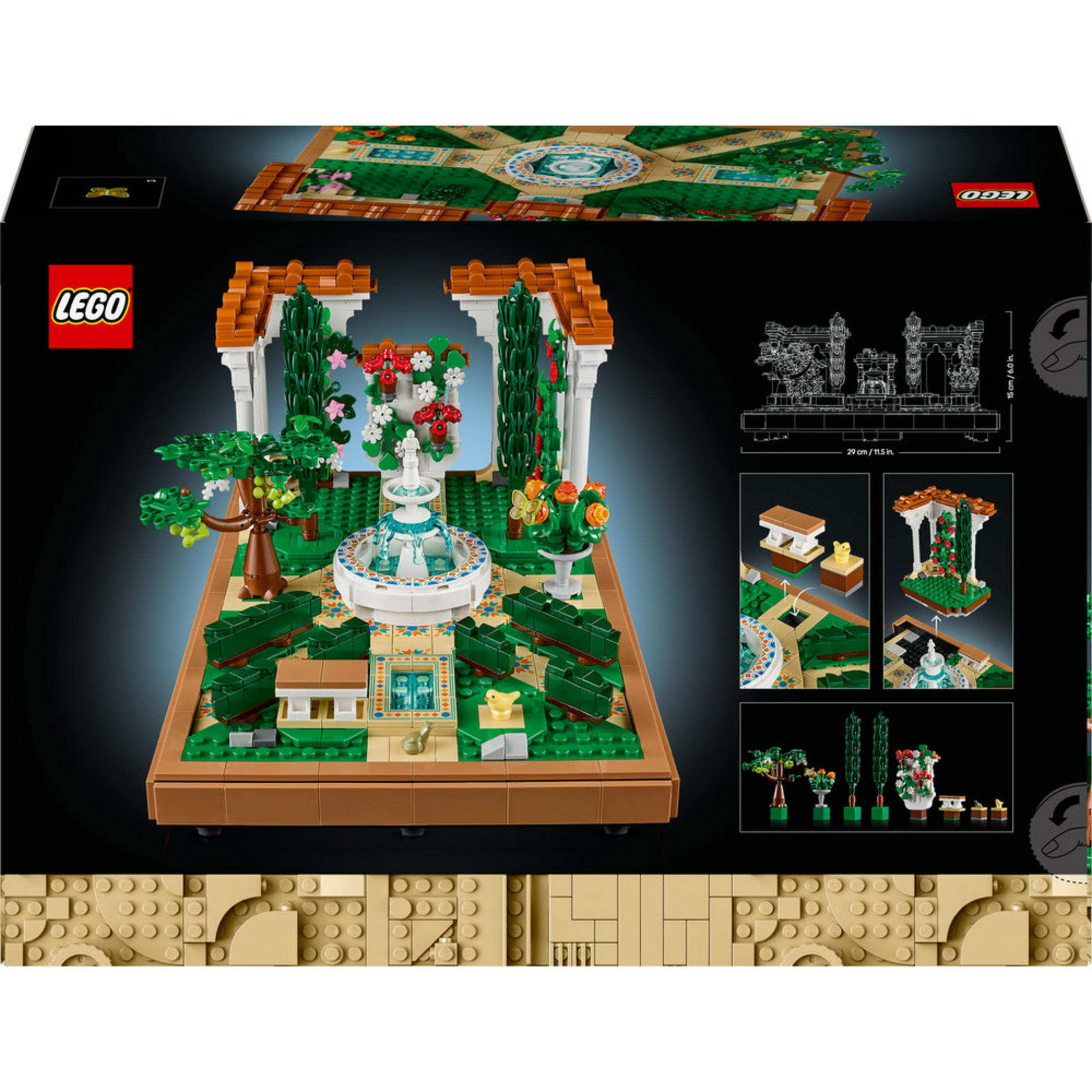 Set Lego de un jardín con fuente. Base marrón, jardín detallado e instrucciones.