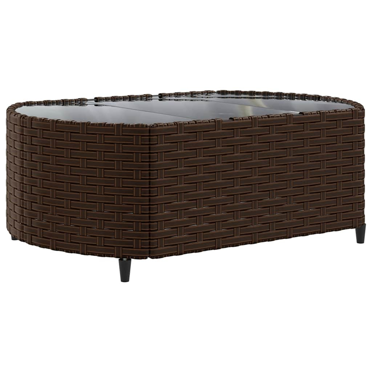 Brauner Rattan-Couchtisch mit Glasplatte, mit Beinen, ovale Form.