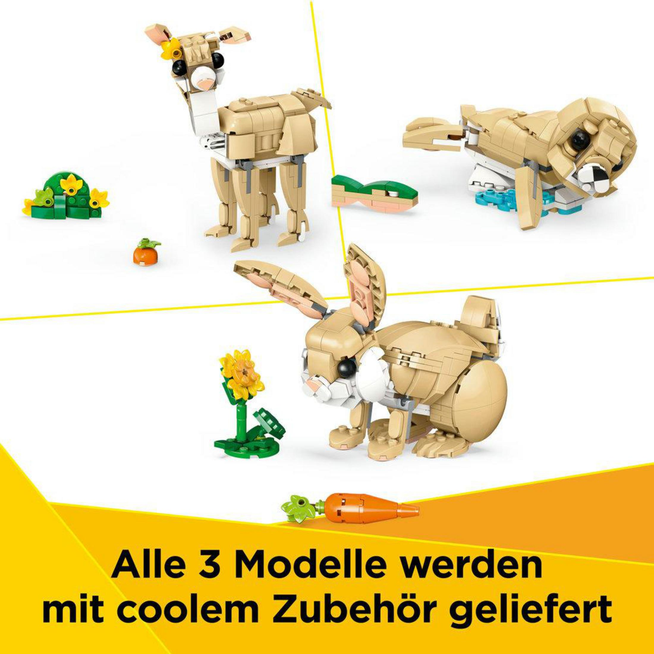 Modele Lego królika, jelenia i psa, wraz z marchewkami i kwiatami Lego.
