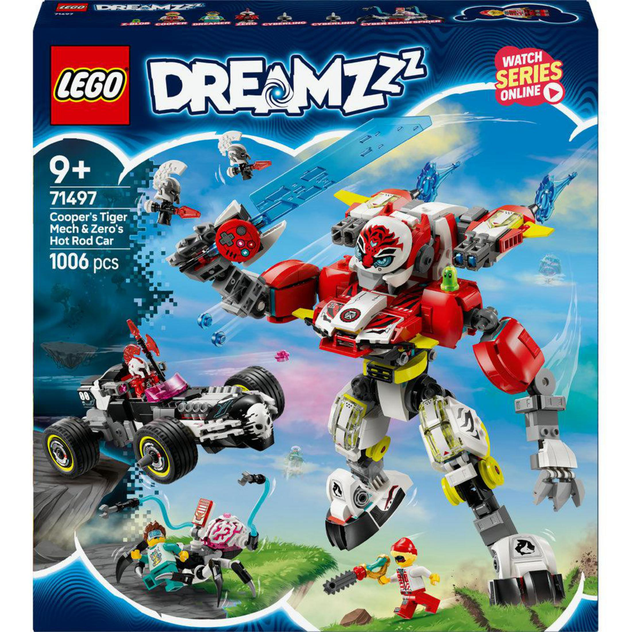 Zestaw Lego Dreamzzz z mechem, hot rodem i różnymi minifigurkami w dynamicznej scenie akcji.