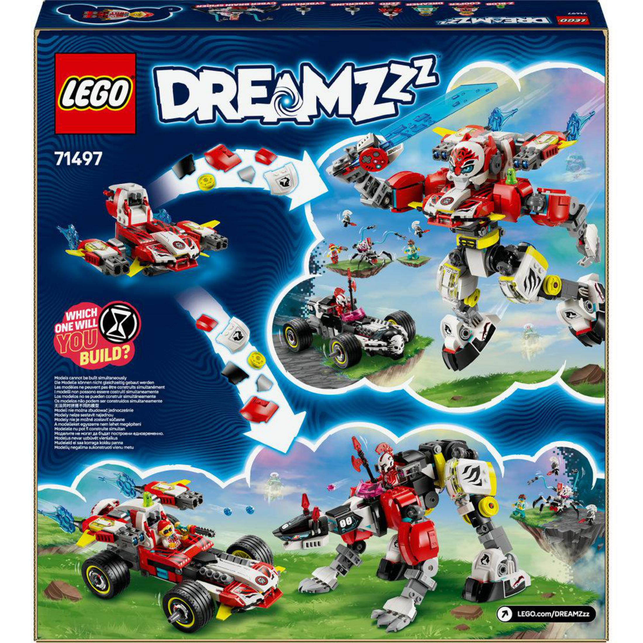 LEGO Dreamzzz-set met een robot en auto's. De doos toont verschillende bouwwerken.