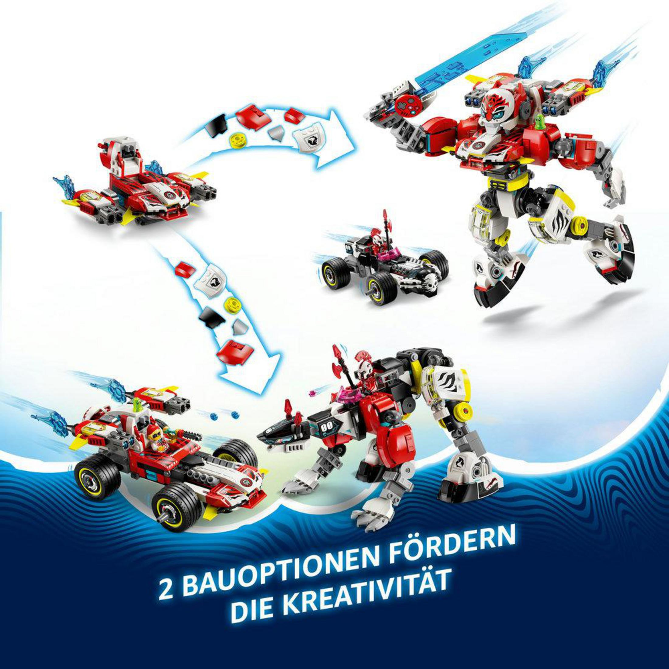 Zestaw LEGO z różnymi pojazdami i figurkami robotów. Strzałki pokazują, jak je transformować.