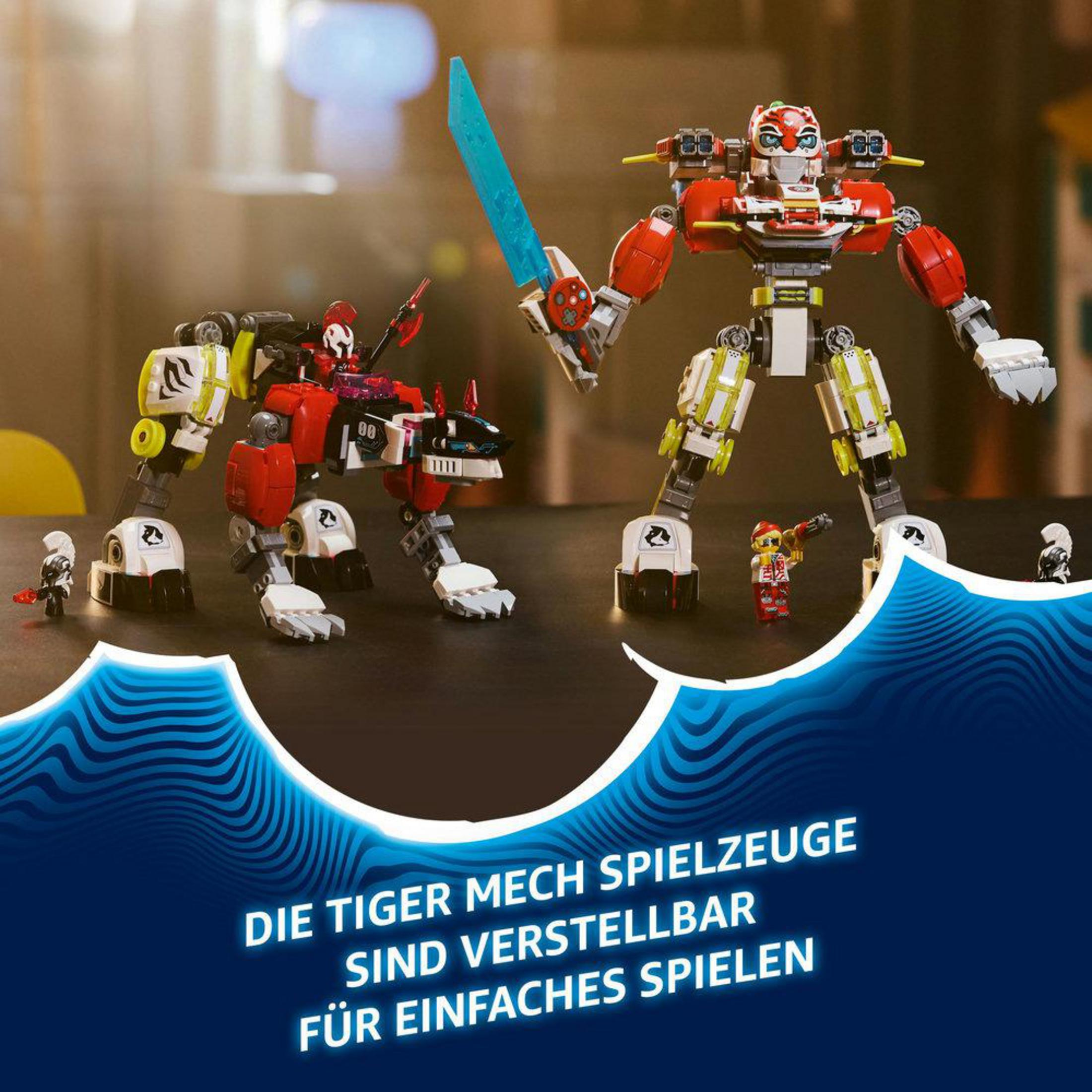 Dwie zabawki Lego mech, jedna w kształcie tygrysa, druga w kształcie smoka, z figurkami. Mech tygrysa ma czerwony i żółty, drugi czerwony i biały.