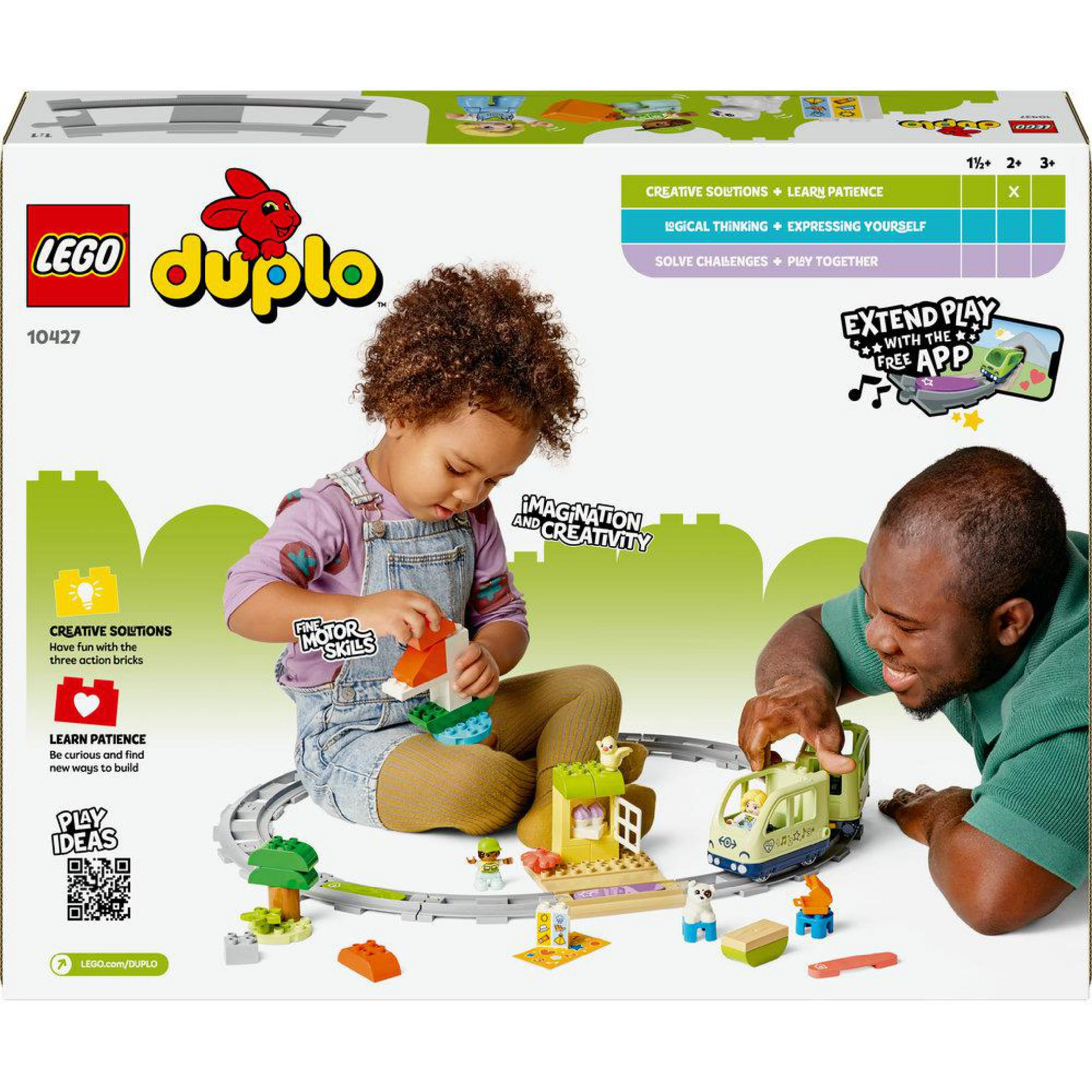 Un niño y un adulto jugando con un set LEGO Duplo. Incluye un tren y accesorios.