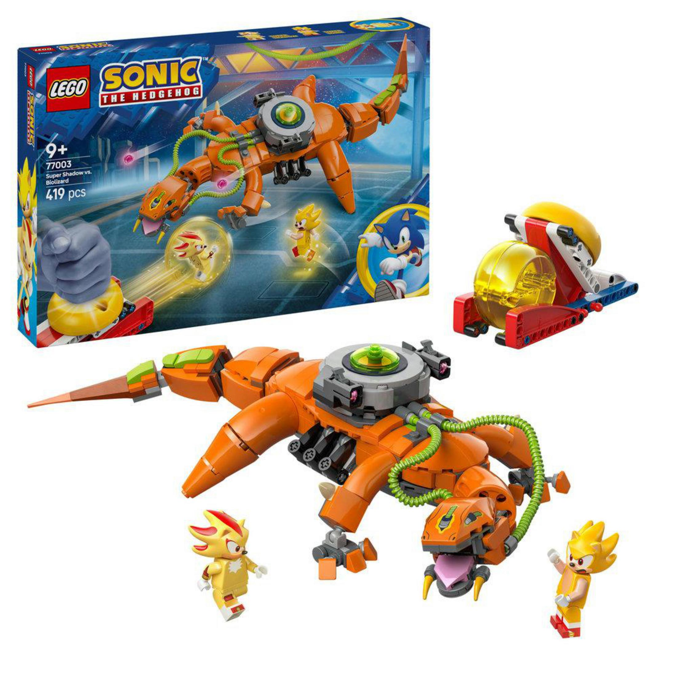 Un set LEGO Sonic The Hedgehog con un robot arancione e personaggi. La scatola è sullo sfondo.