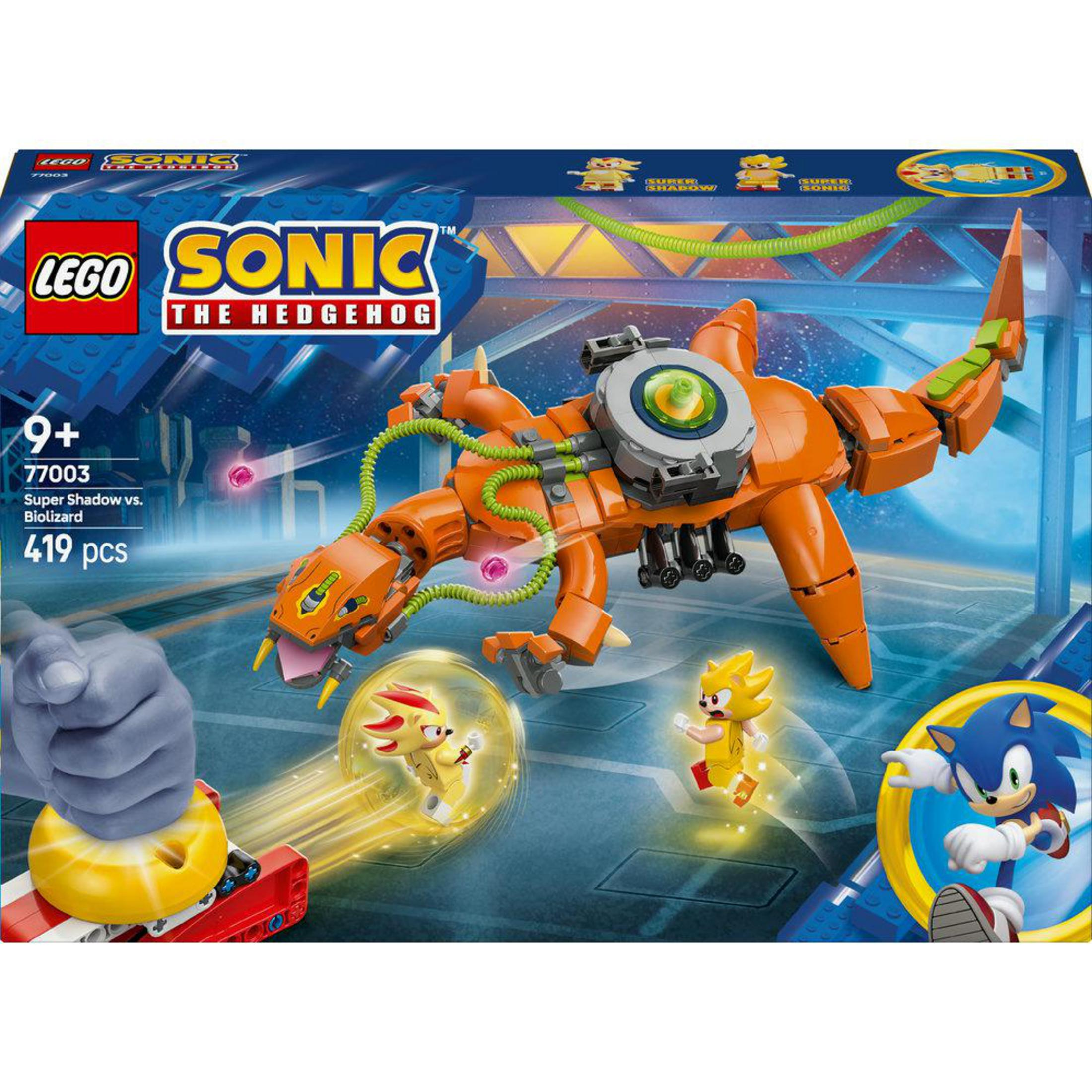 Set Lego Sonic the Hedgehog con un drago arancione, personaggi di Sonic e Shadow.