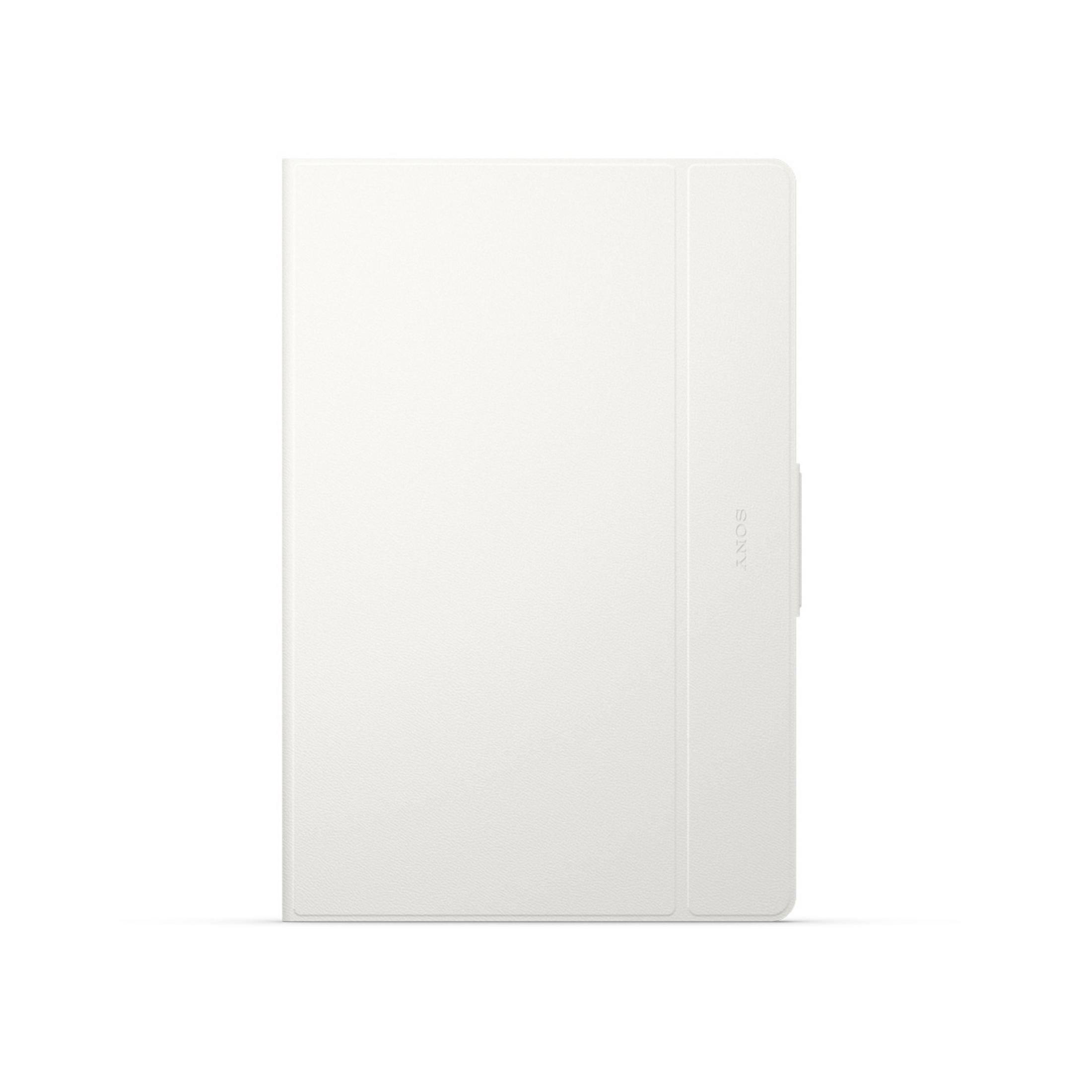 Una funda blanca para tableta. La funda está cerrada.