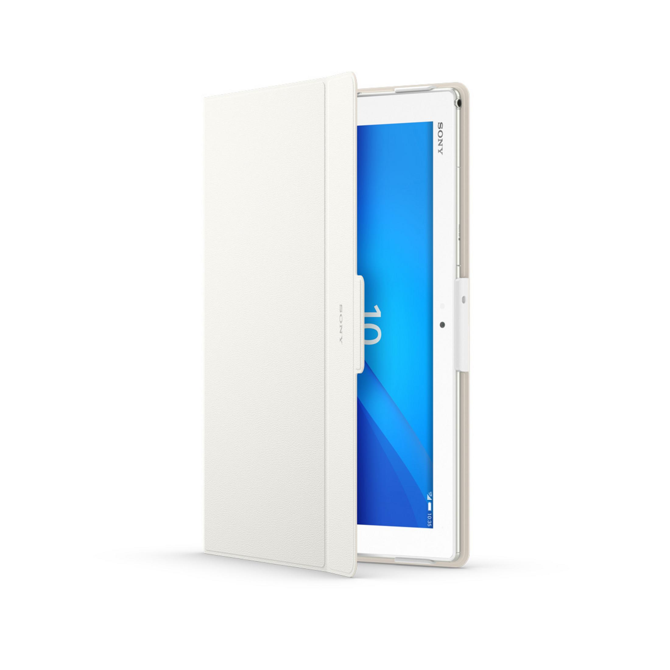 Tableta blanca en una funda blanca. La pantalla de la tableta muestra una pantalla azul con el logo de Sony.