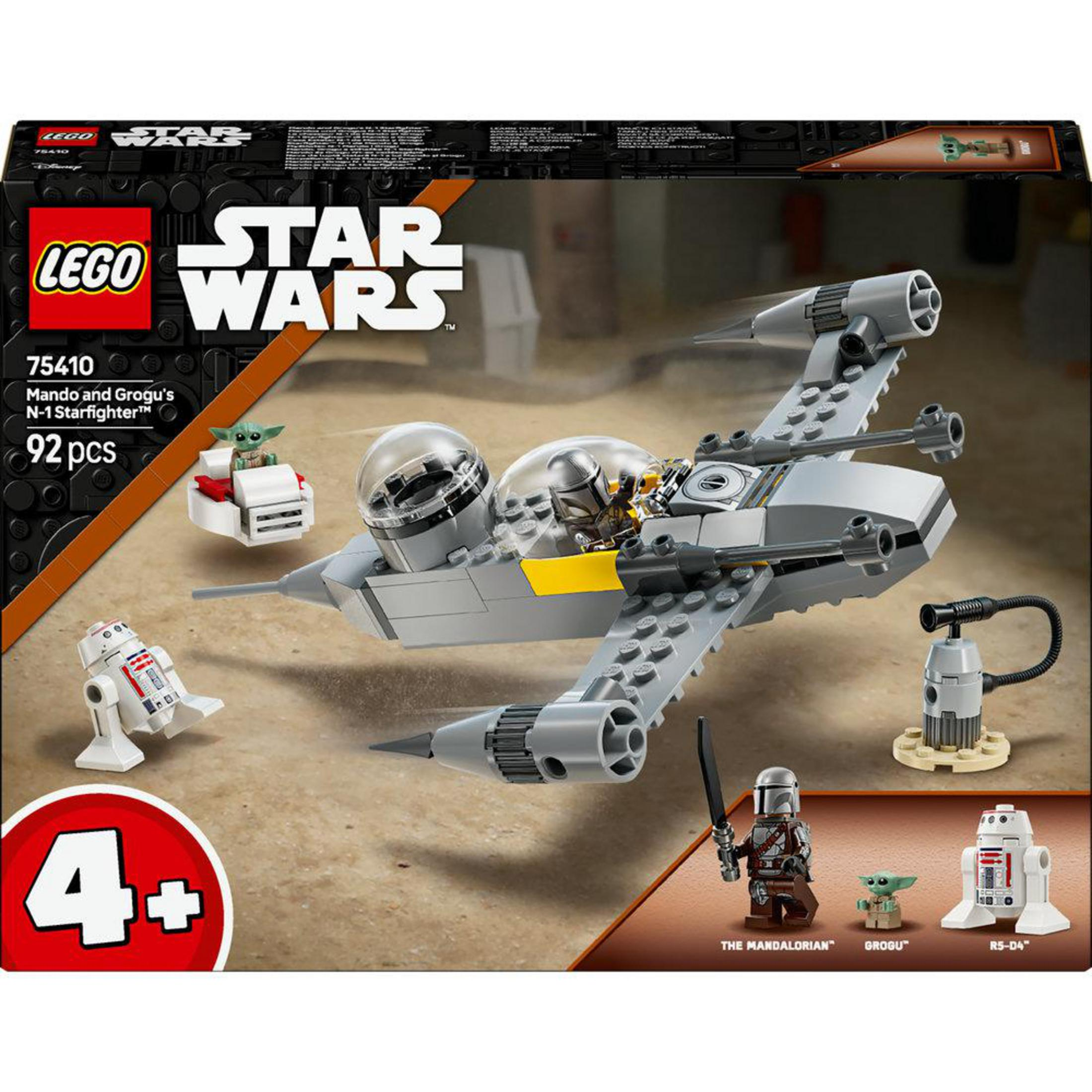 Un set de Lego Star Wars muestra una nave espacial y minifiguras en una caja.