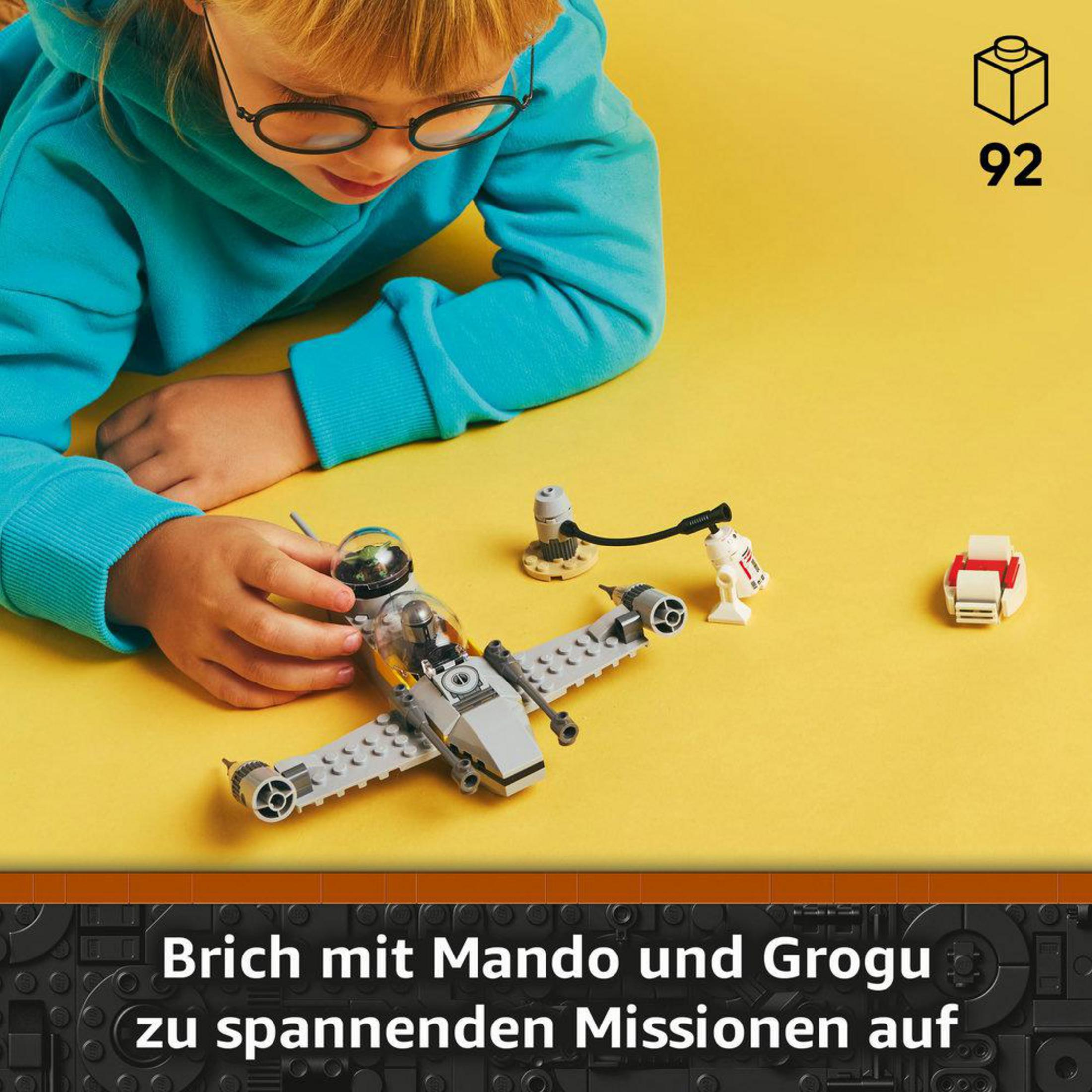 Un set de Lego muestra a un niño jugando con un X-wing de Star Wars y figuras.