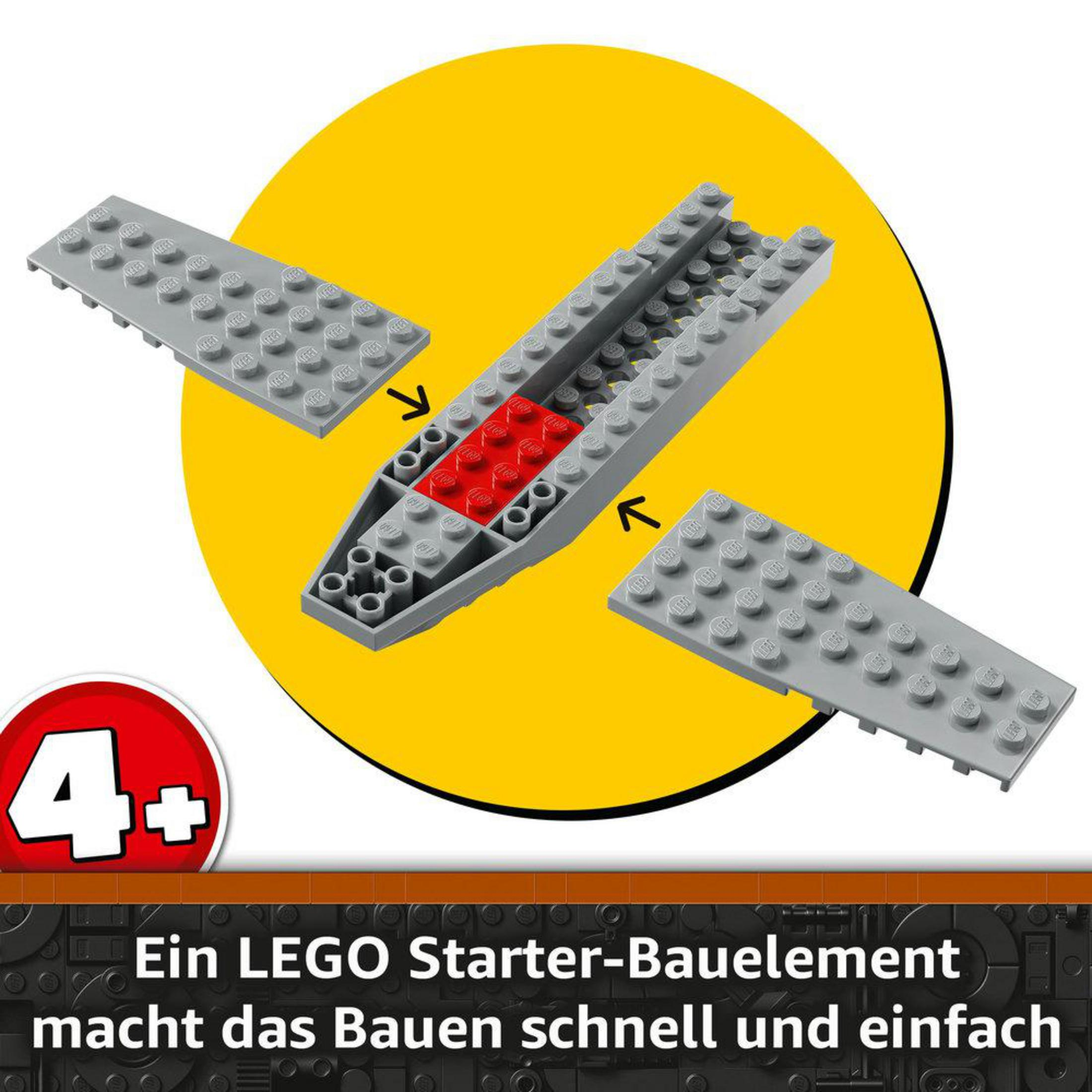 Ladrillos LEGO sobre un círculo amarillo. Texto: Ein LEGO Starter-Bauelement macht das Bauen schnell und einfach.
