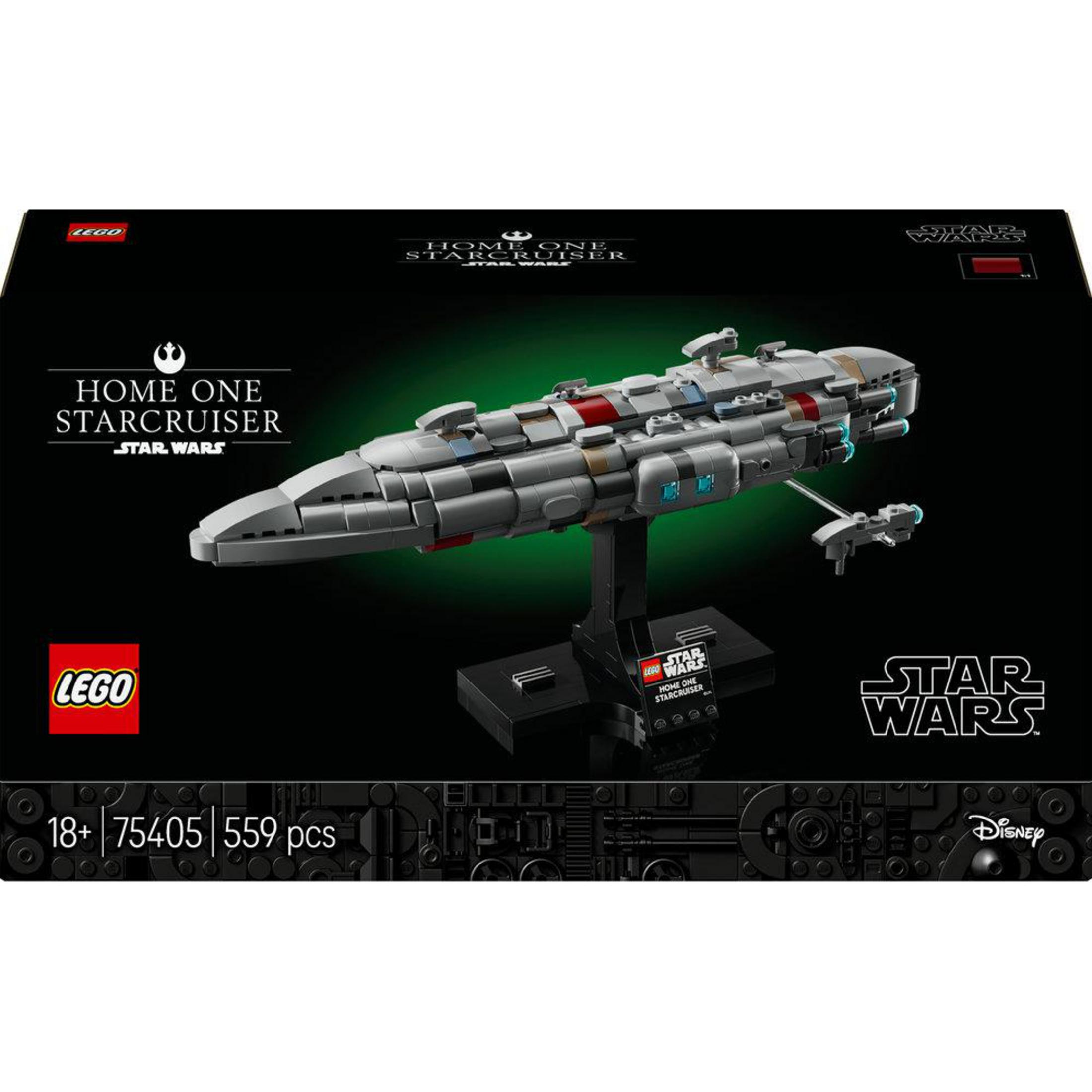 Set Lego Star Wars Home One Starcruiser. Nave espacial gris sobre soporte, fondo negro, logo Star Wars.