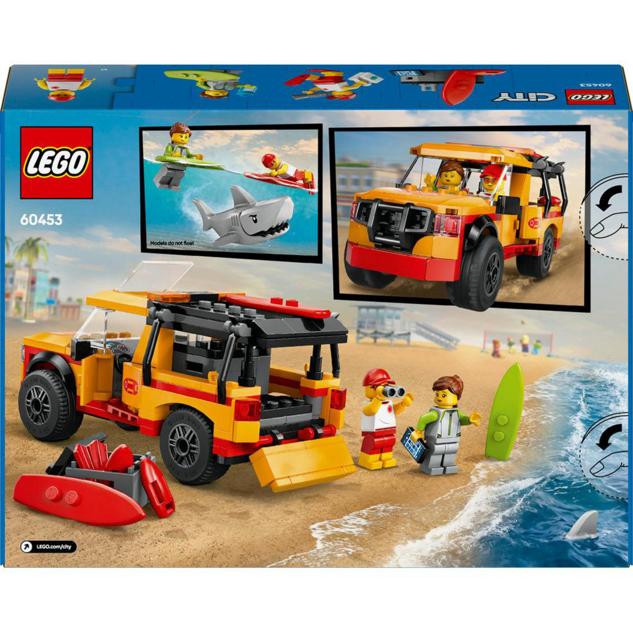 Caja del set Lego City de camión salvavidas. Camión amarillo, figuras en la playa. Surfista, tiburón y accesorios.