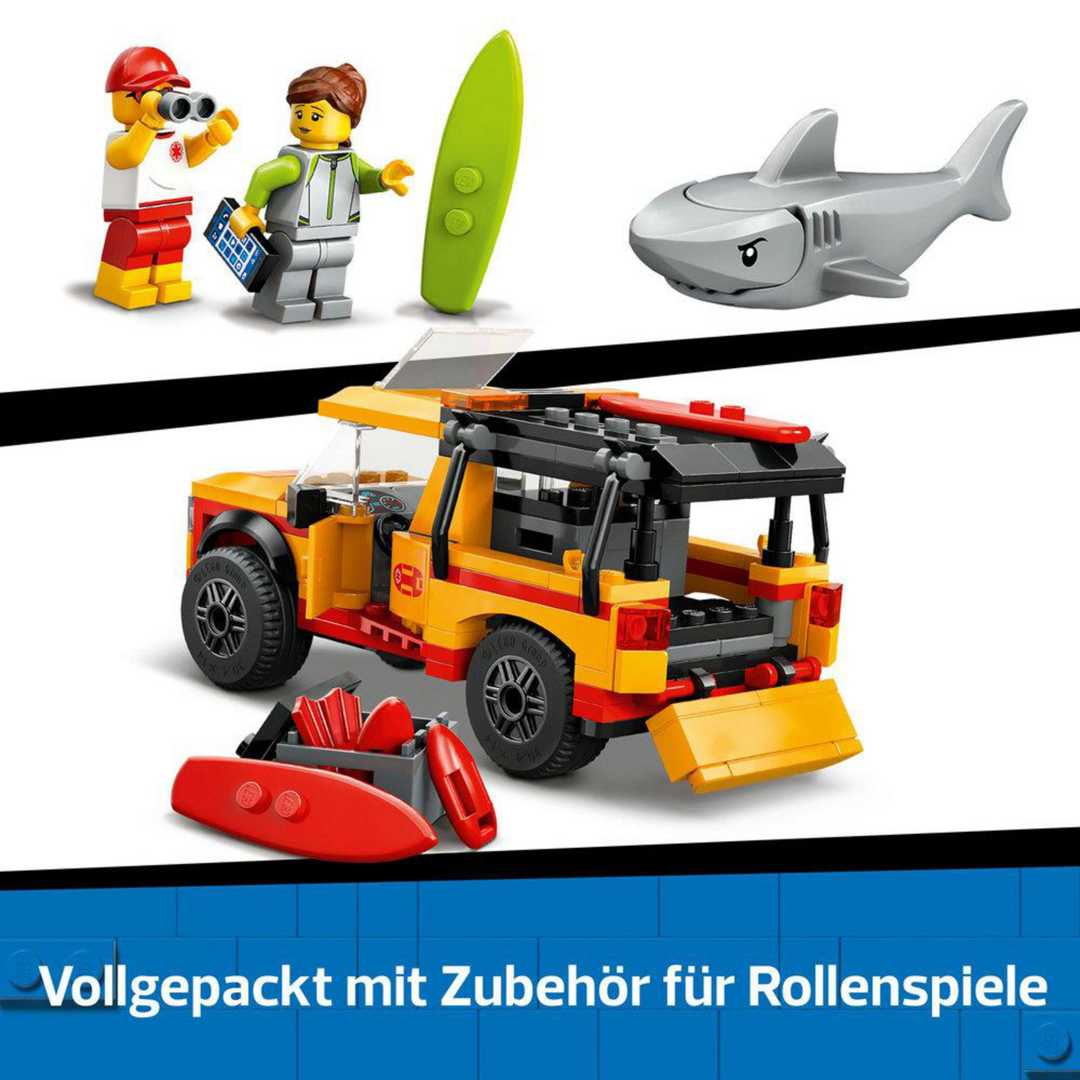 Set Lego City camion de sauveteur. Camion jaune avec figurines et accessoires, planches de surf et requin.