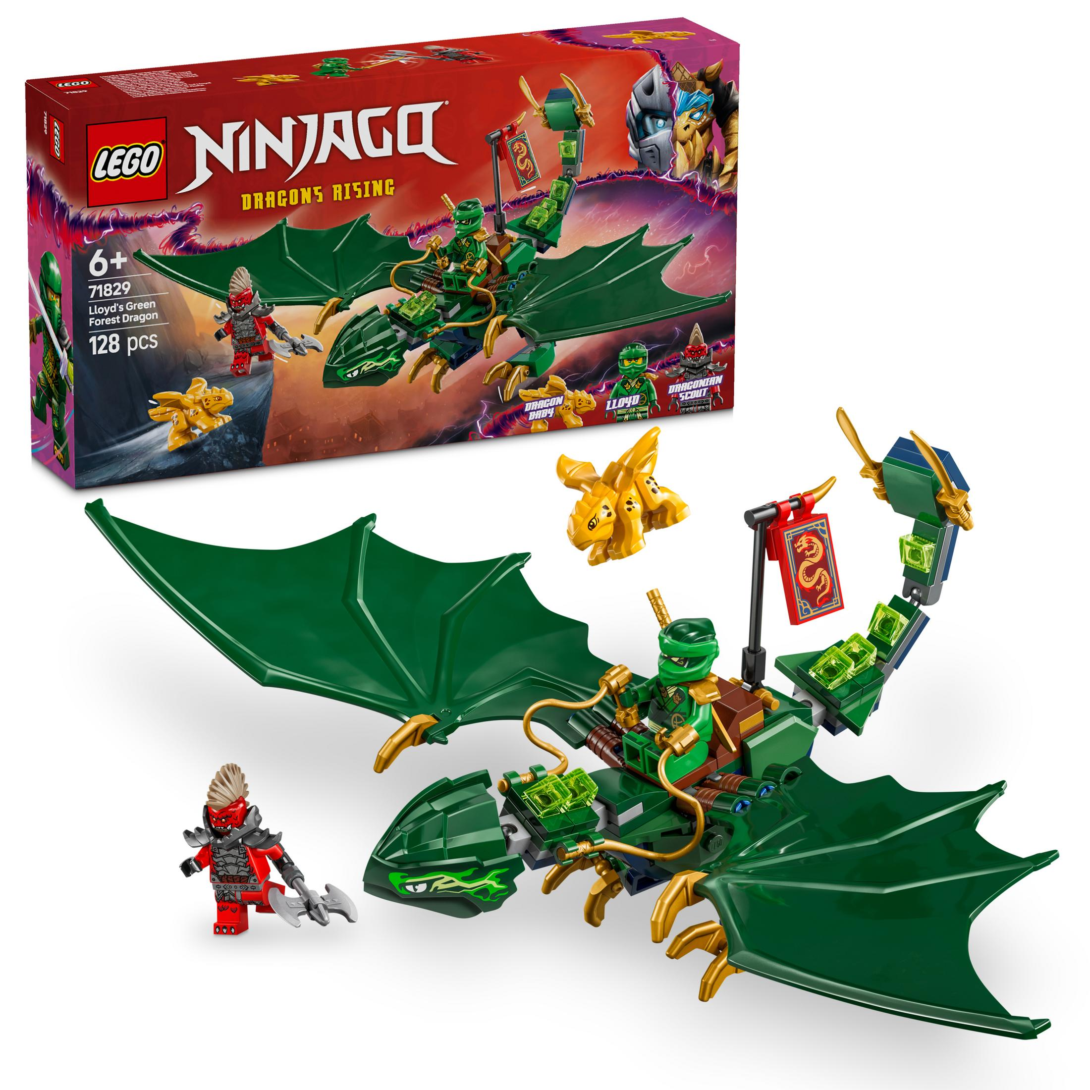 Scatola del set Lego Ninjago Drago della Foresta Verde. Drago verde, personaggi ninja e accessori su sfondo bianco.