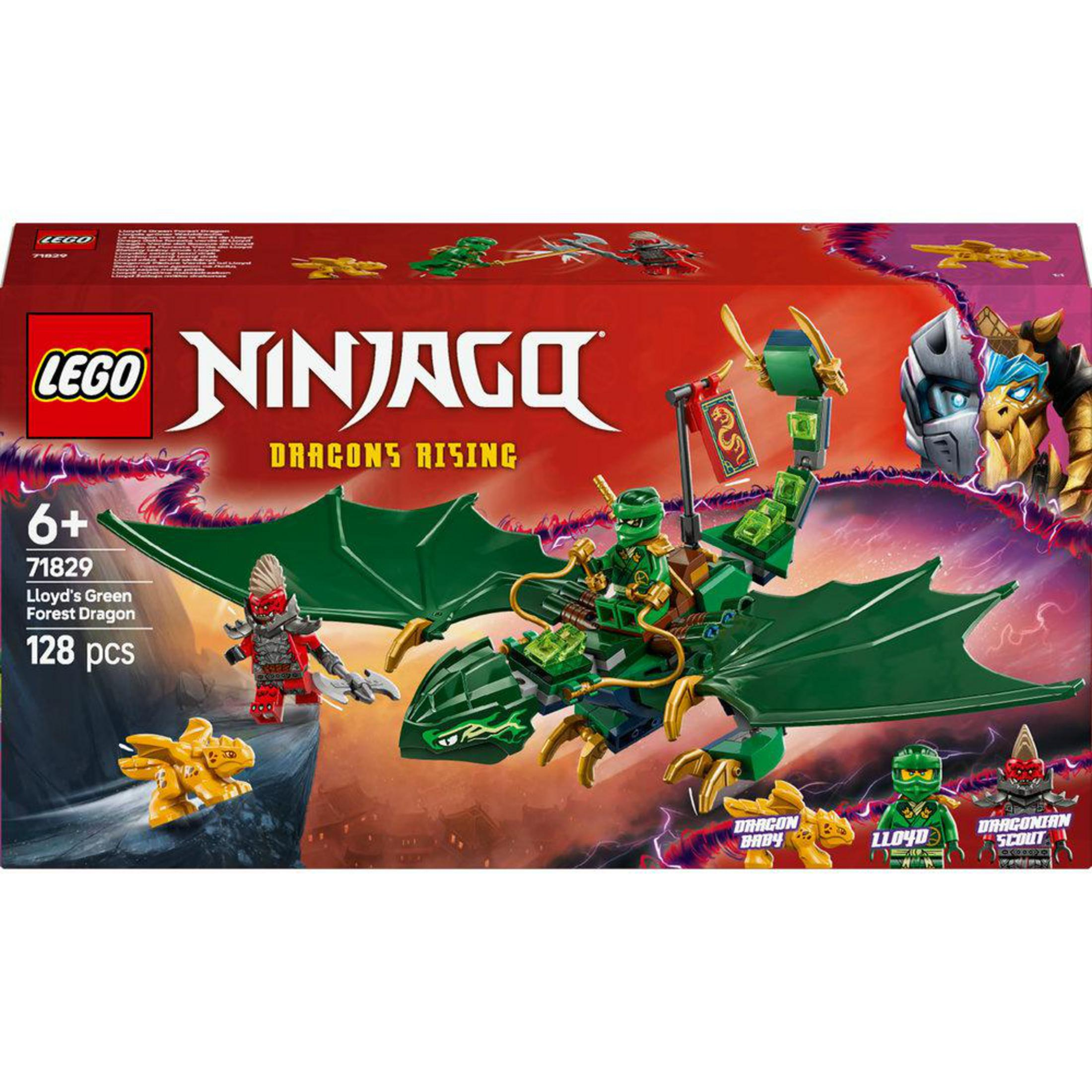 Scatola del set Lego Ninjago Drago della Foresta Verde. Drago verde, personaggi ninja, accessori e logo Ninjago.