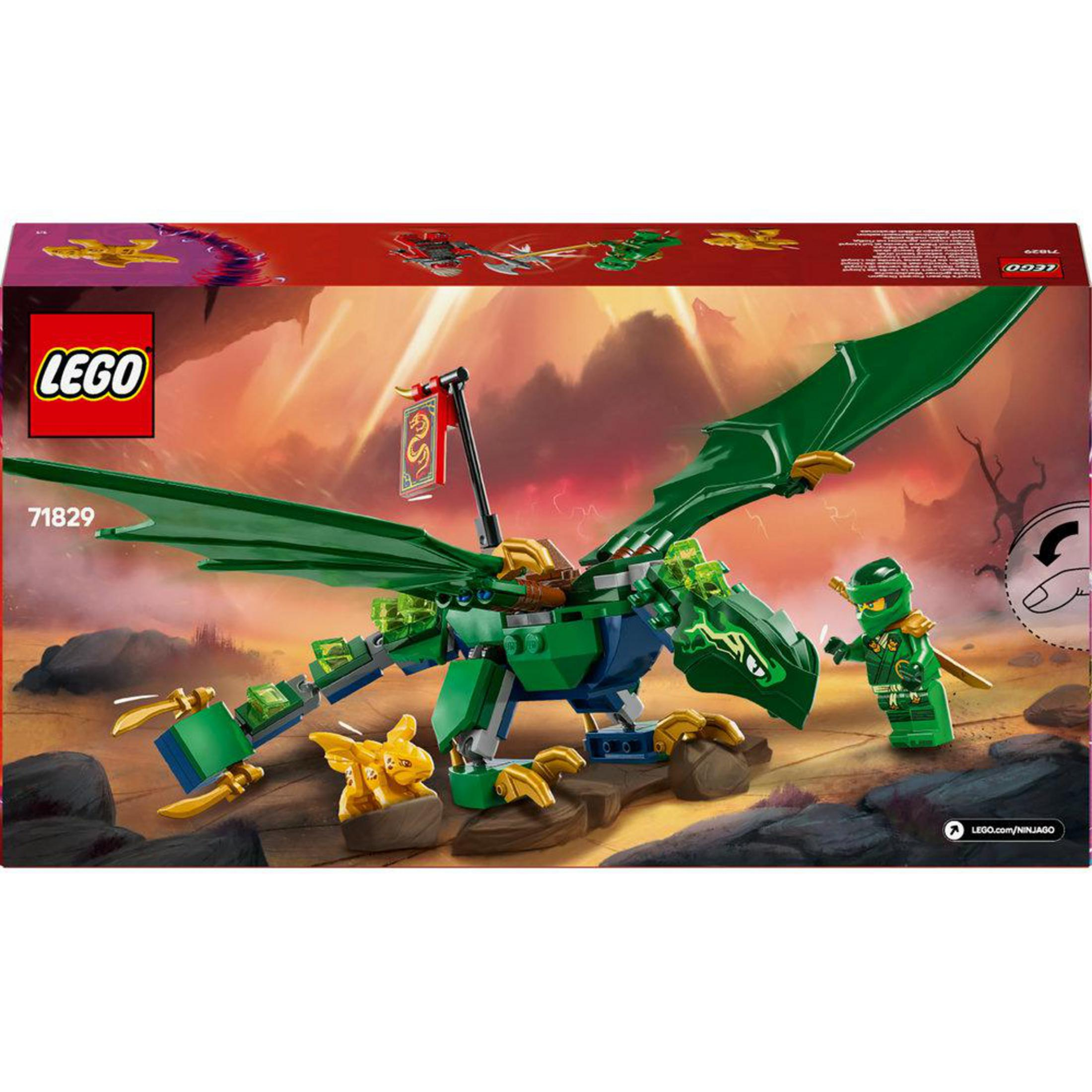 Un set Lego con un drago verde, un ninja e figurine d'oro.