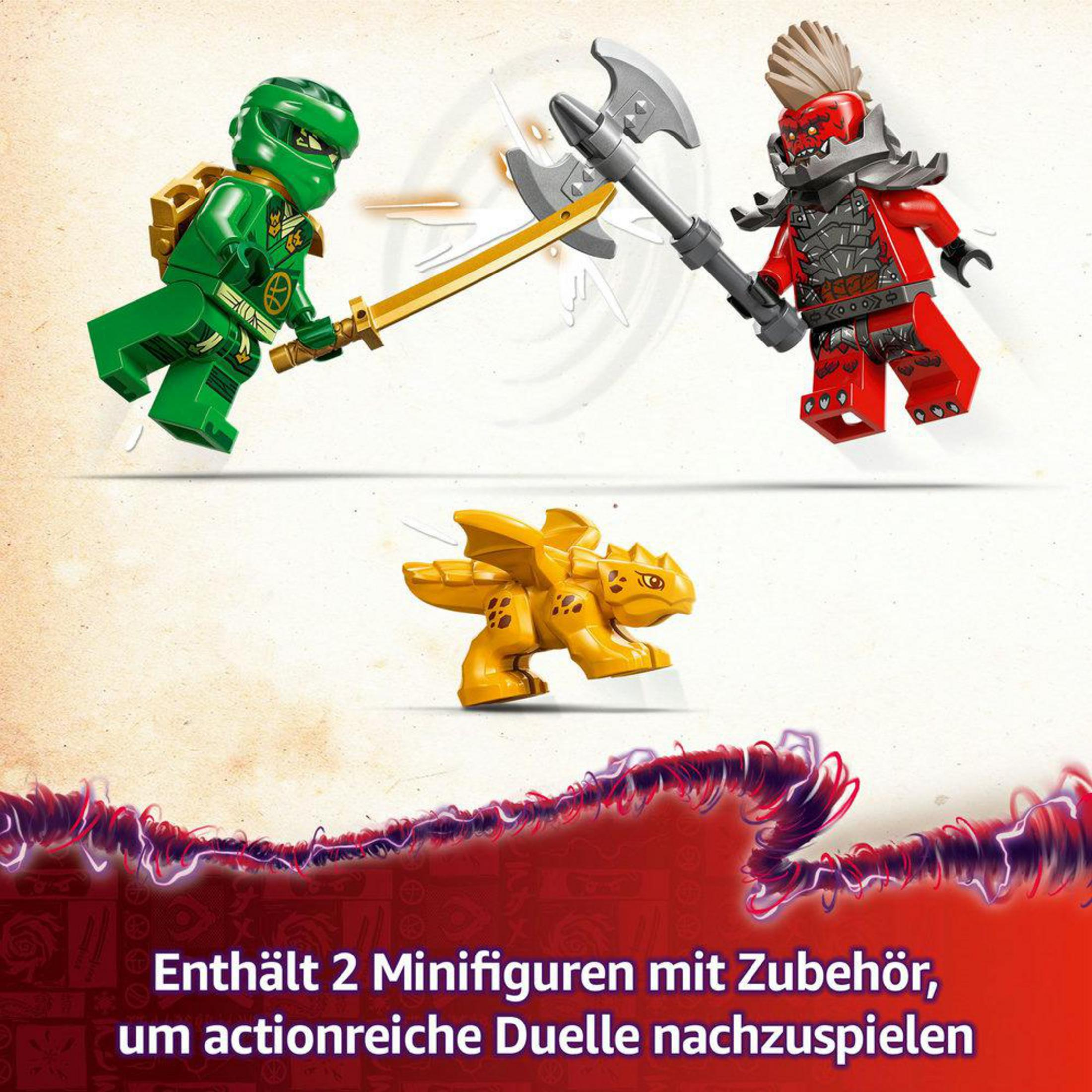 Dwie figurki Lego, zielony ninja i czerwony wojownik walczący z bronią oraz żółty smok.