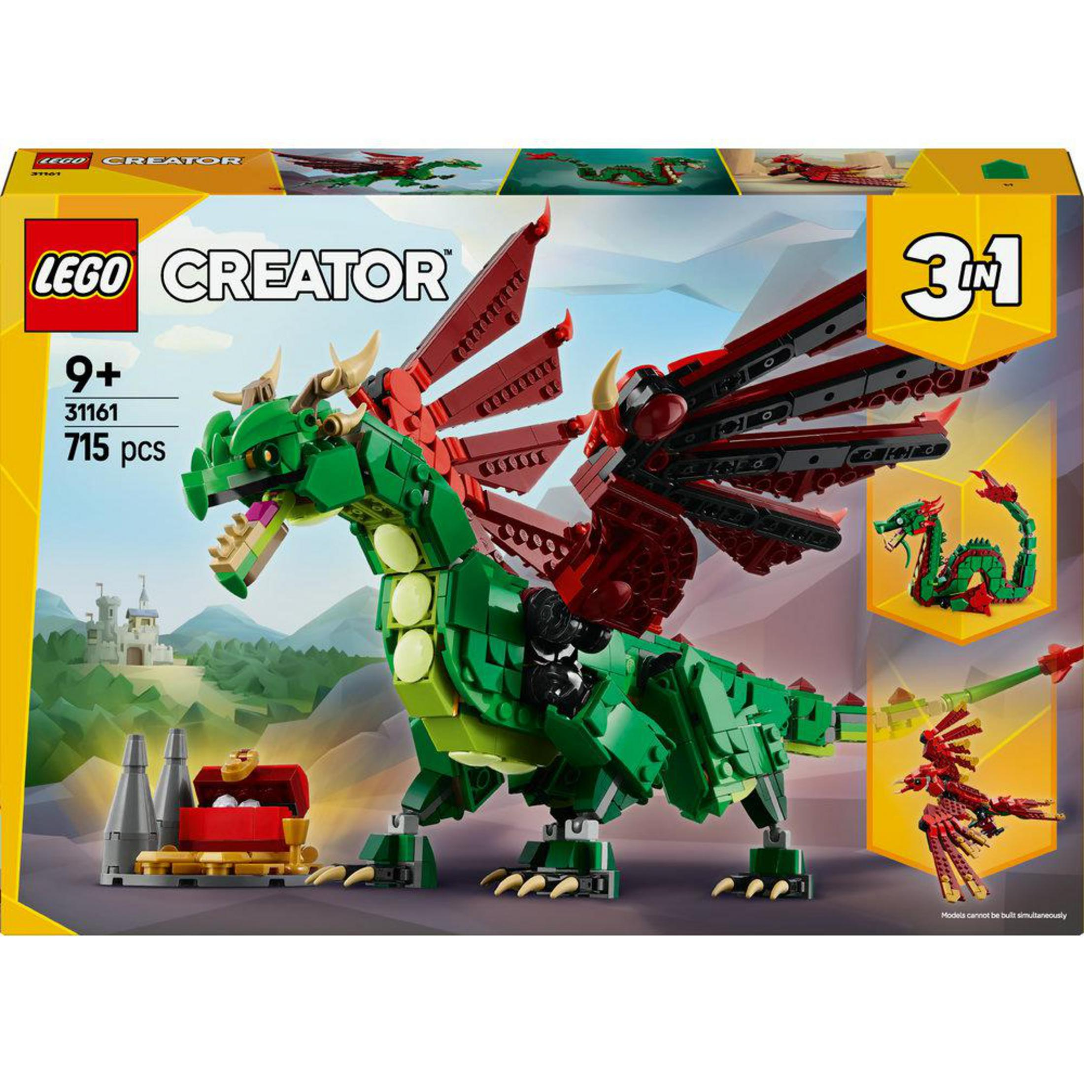 Pudełko LEGO Creator, zielony smok z czerwonymi skrzydłami, skrzynią ze skarbami i małym smokiem. Pudełko przedstawia zamek.