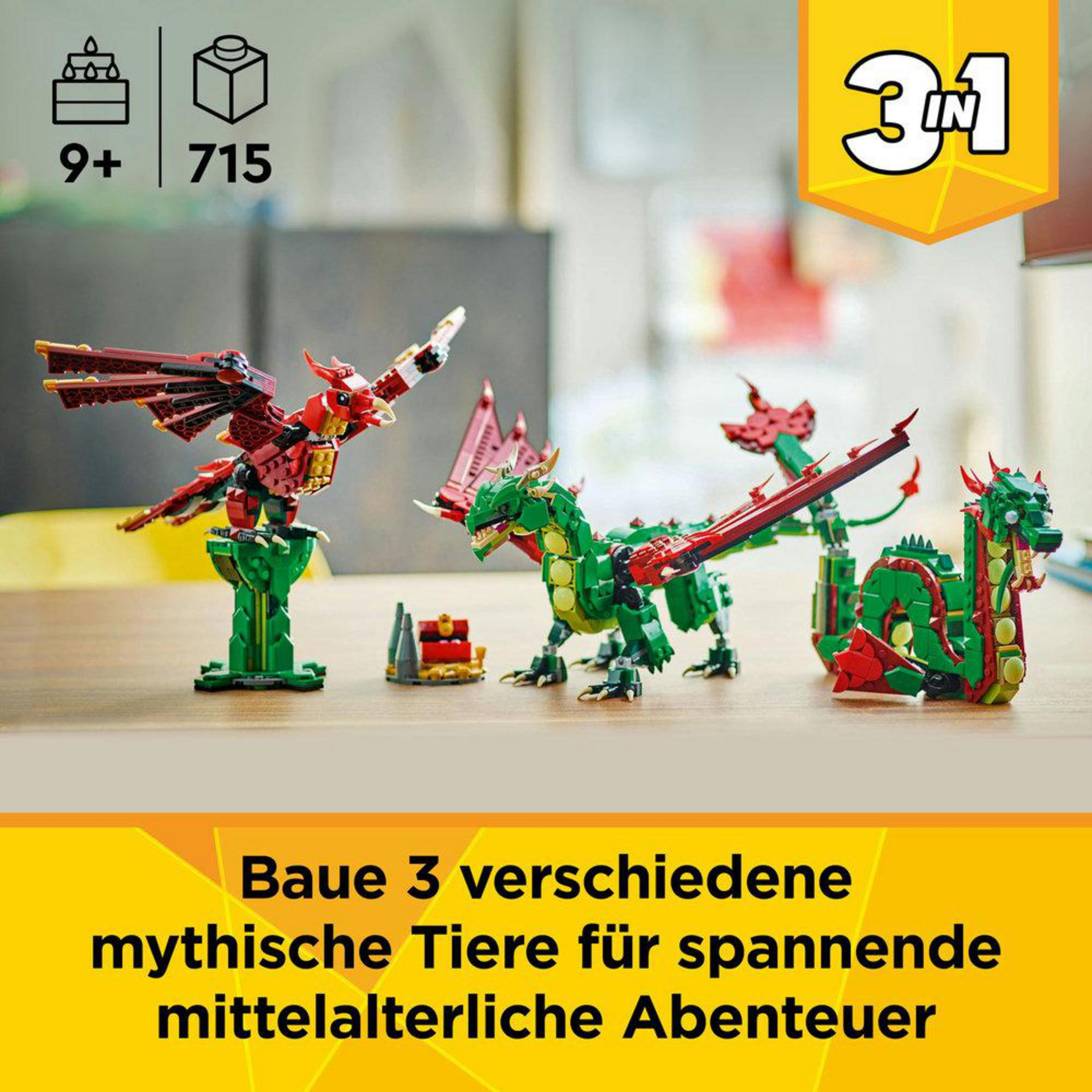 Pudełko LEGO Creator z różnymi modelami mitycznych stworzeń. Zawiera smoka, ptaka i stworzenie podobne do węża.