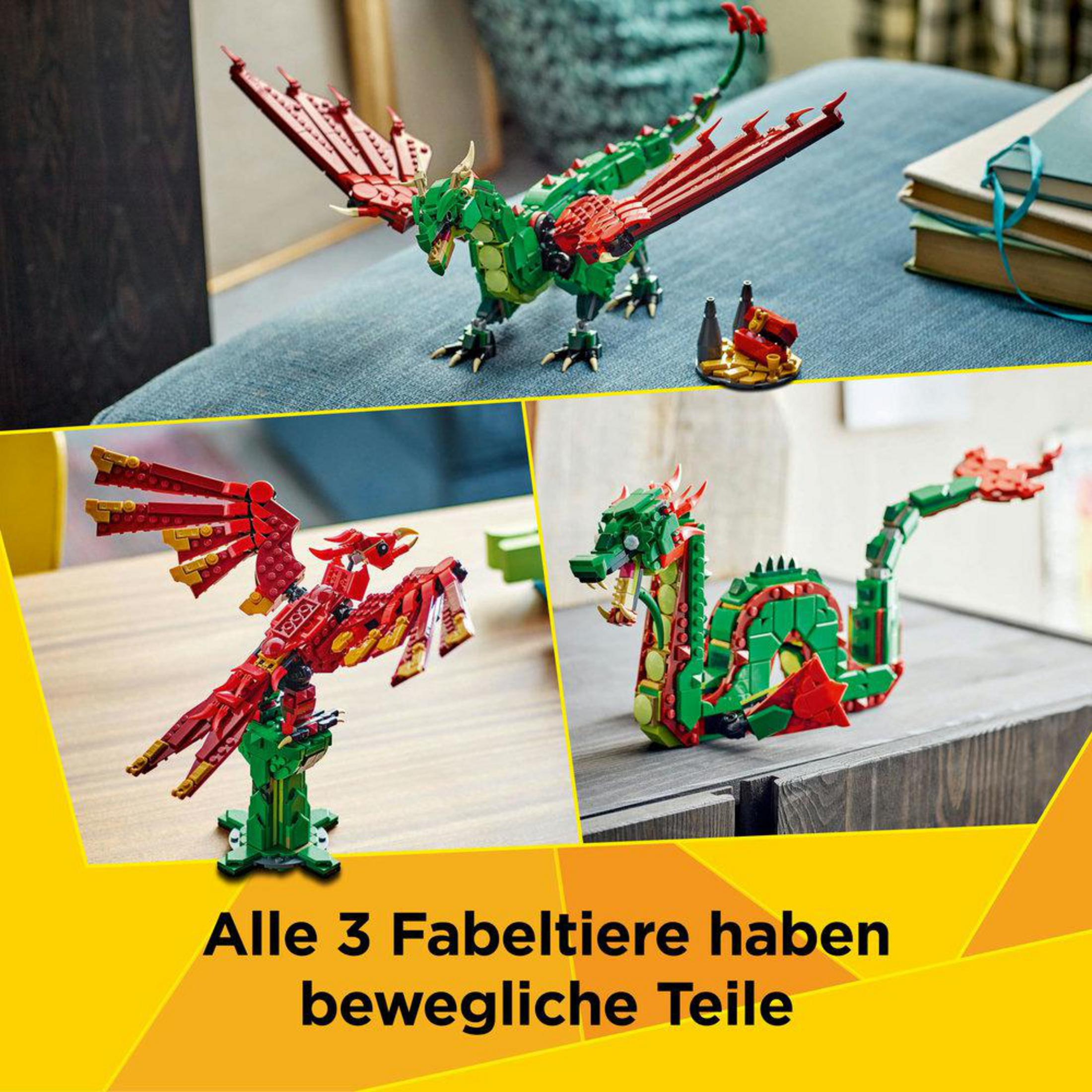Trzy modele smoków Lego w różnych pozach. Schemat kolorów zielony i czerwony. Tekst: Alle 3 Fabeltiere haben bewegliche Teile.