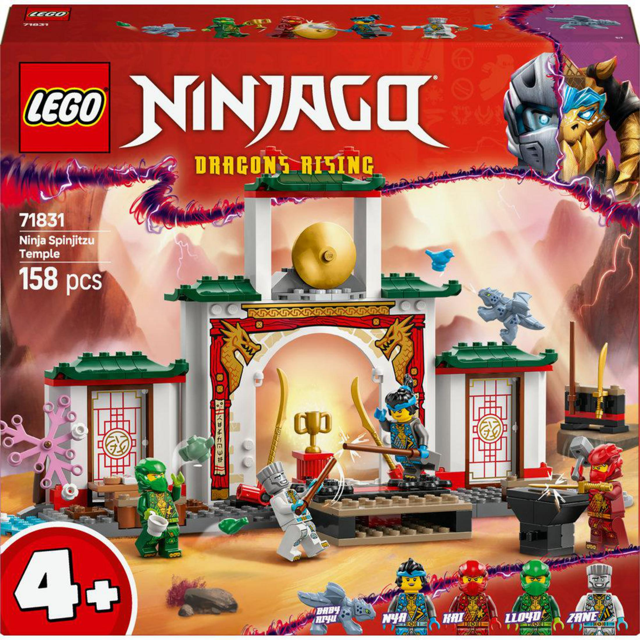 Set Lego Ninjago con un tempio, un disco d'oro e diverse minifigure in una scena di battaglia.