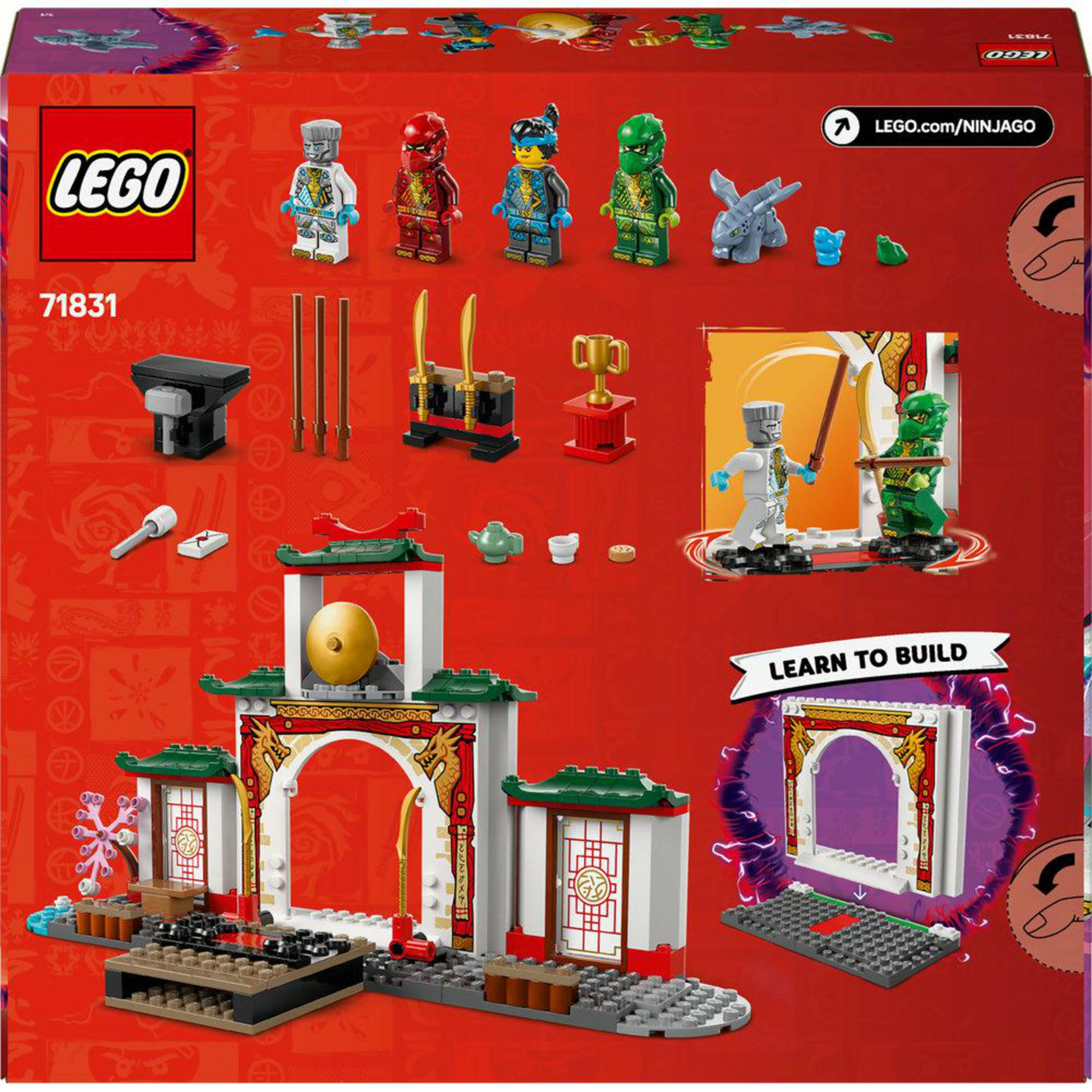 Scatola del set LEGO Ninjago con minifigure, modello di costruzione e accessori.