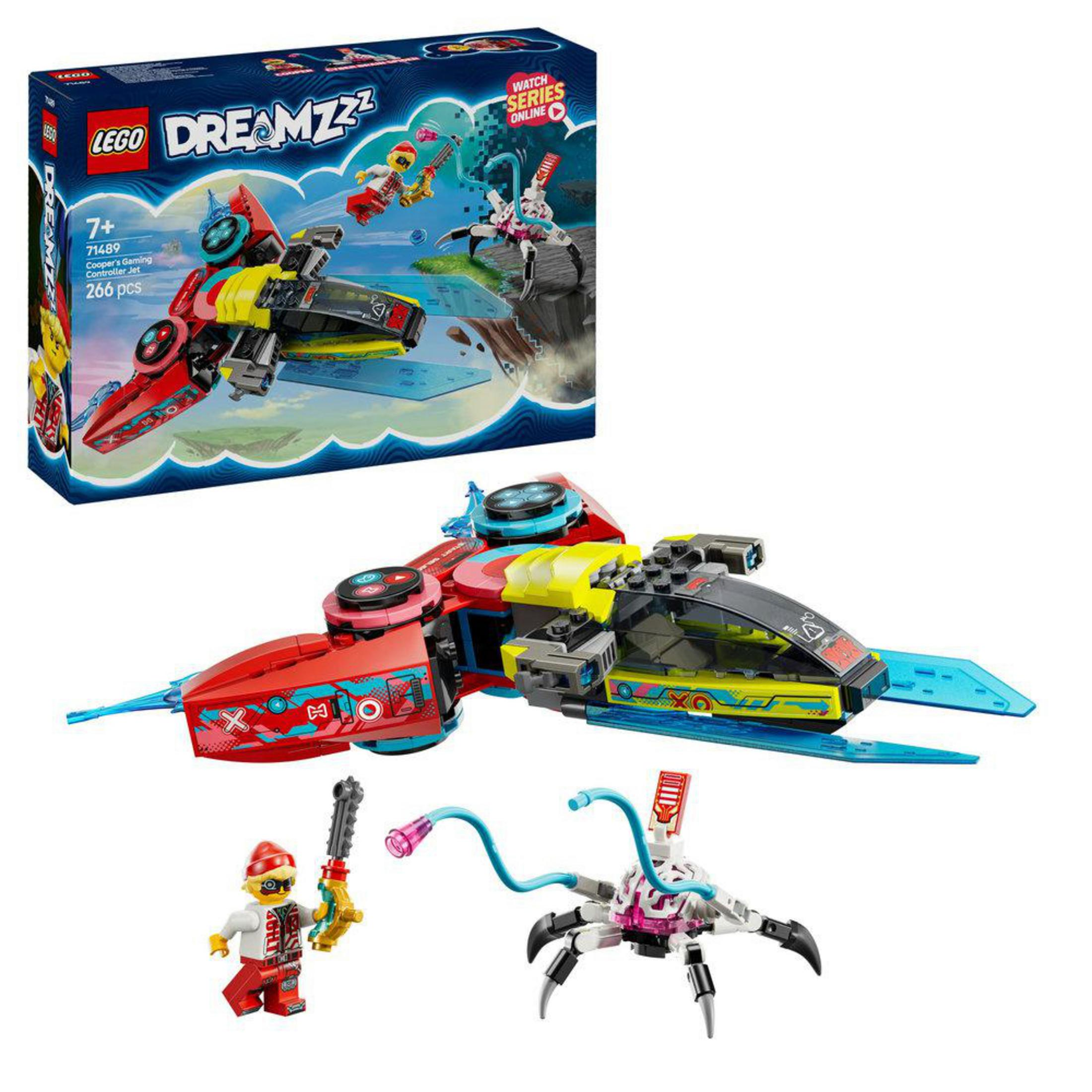 Un set Lego Dreamzzz mostra un'astronave rossa e gialla con personaggi e un mostro.