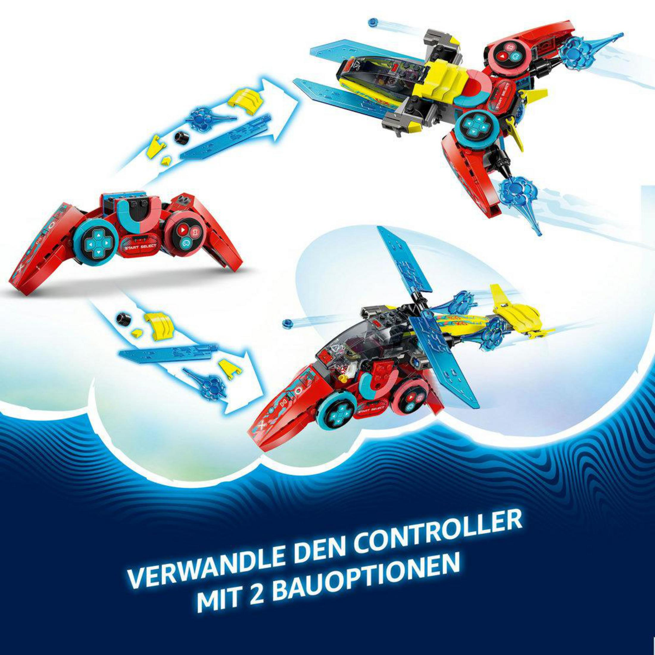 LEGO-Set mit einem Controller, der sich in verschiedene Fahrzeuge verwandelt: ein Raumschiff und ein Hubschrauber.