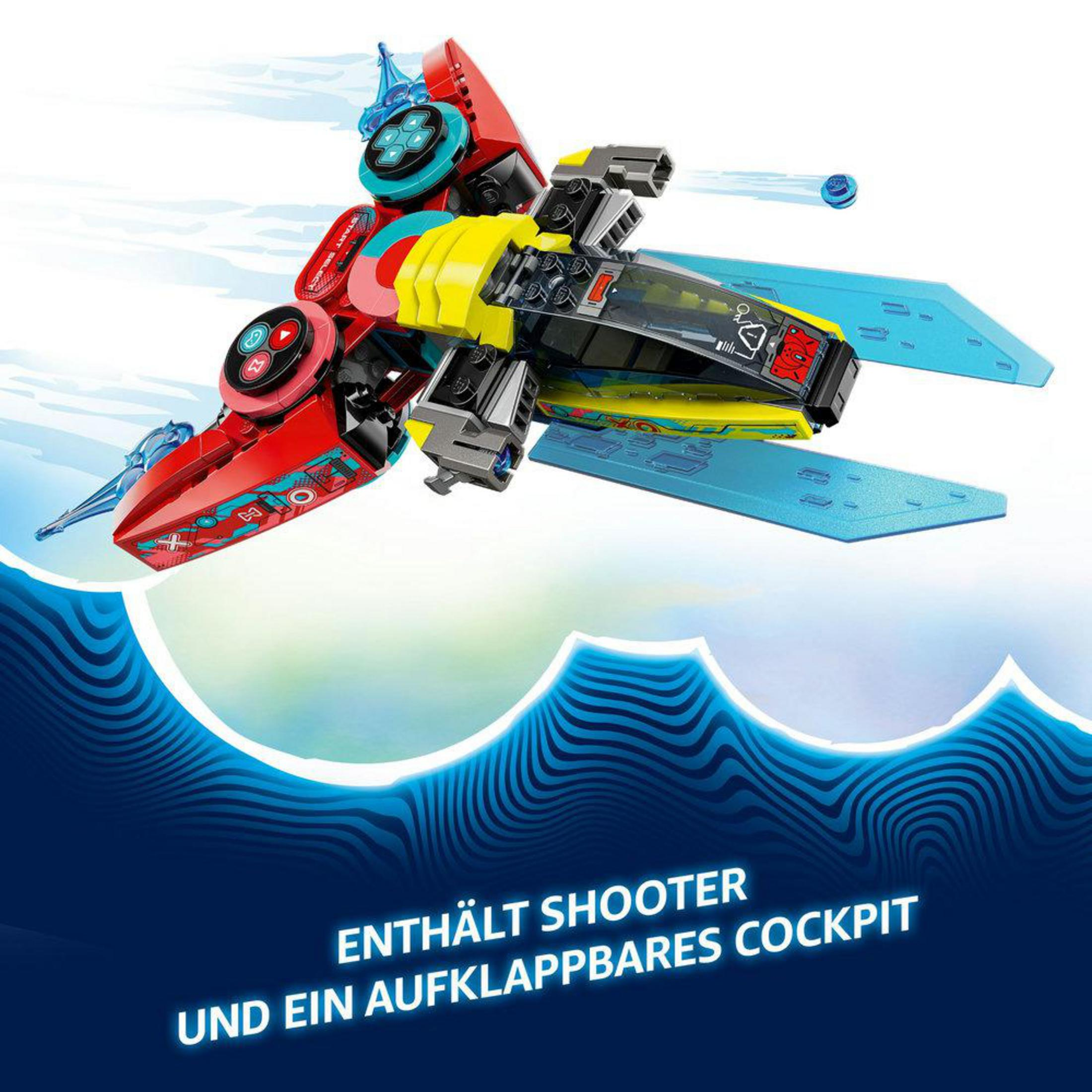 Lego-Raumschiffmodell in Blau, Rot und Gelb mit transparentem Cockpit und blauen Akzenten.