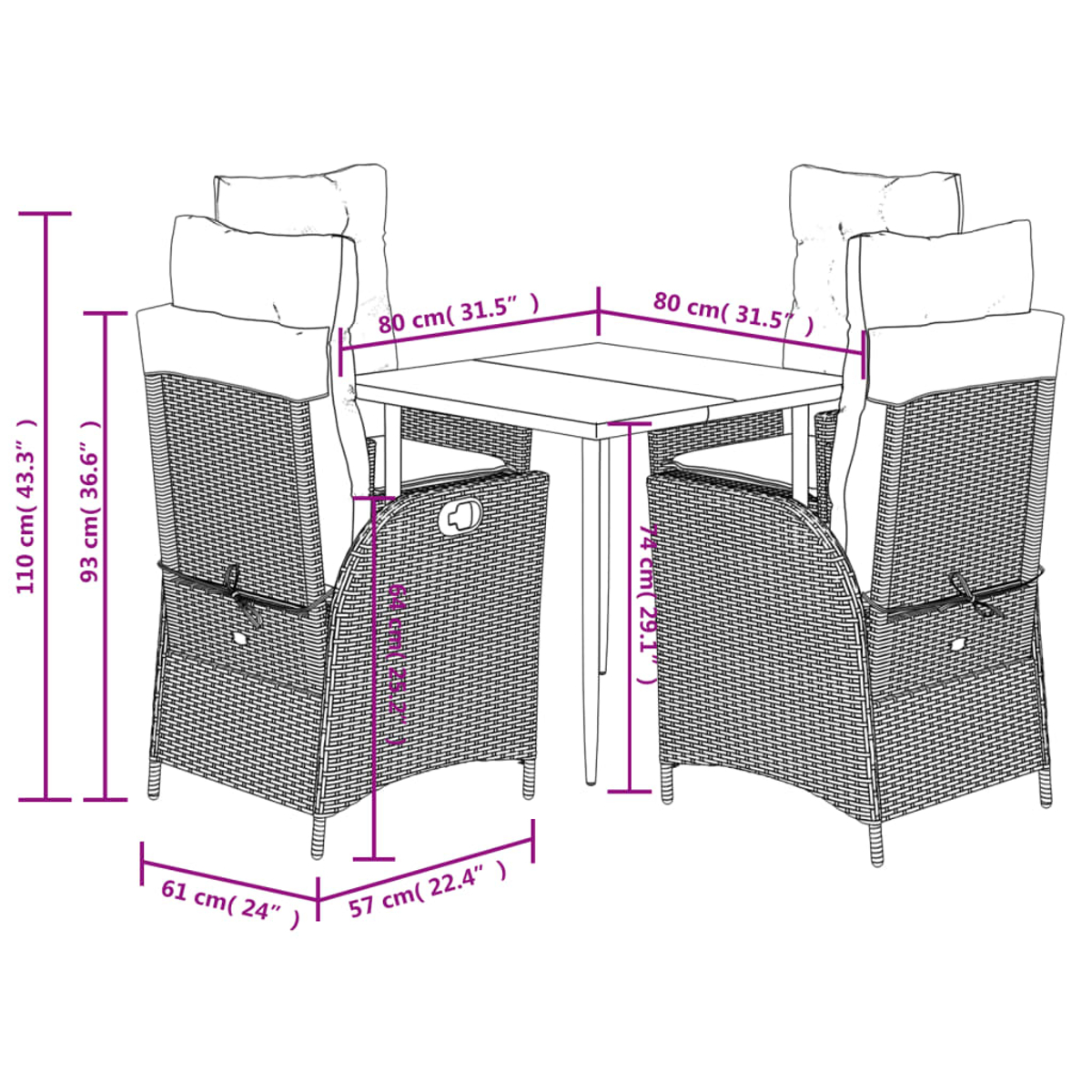 Set da pranzo in vimini per esterni, dimensioni indicate. Quattro sedie e un tavolo.