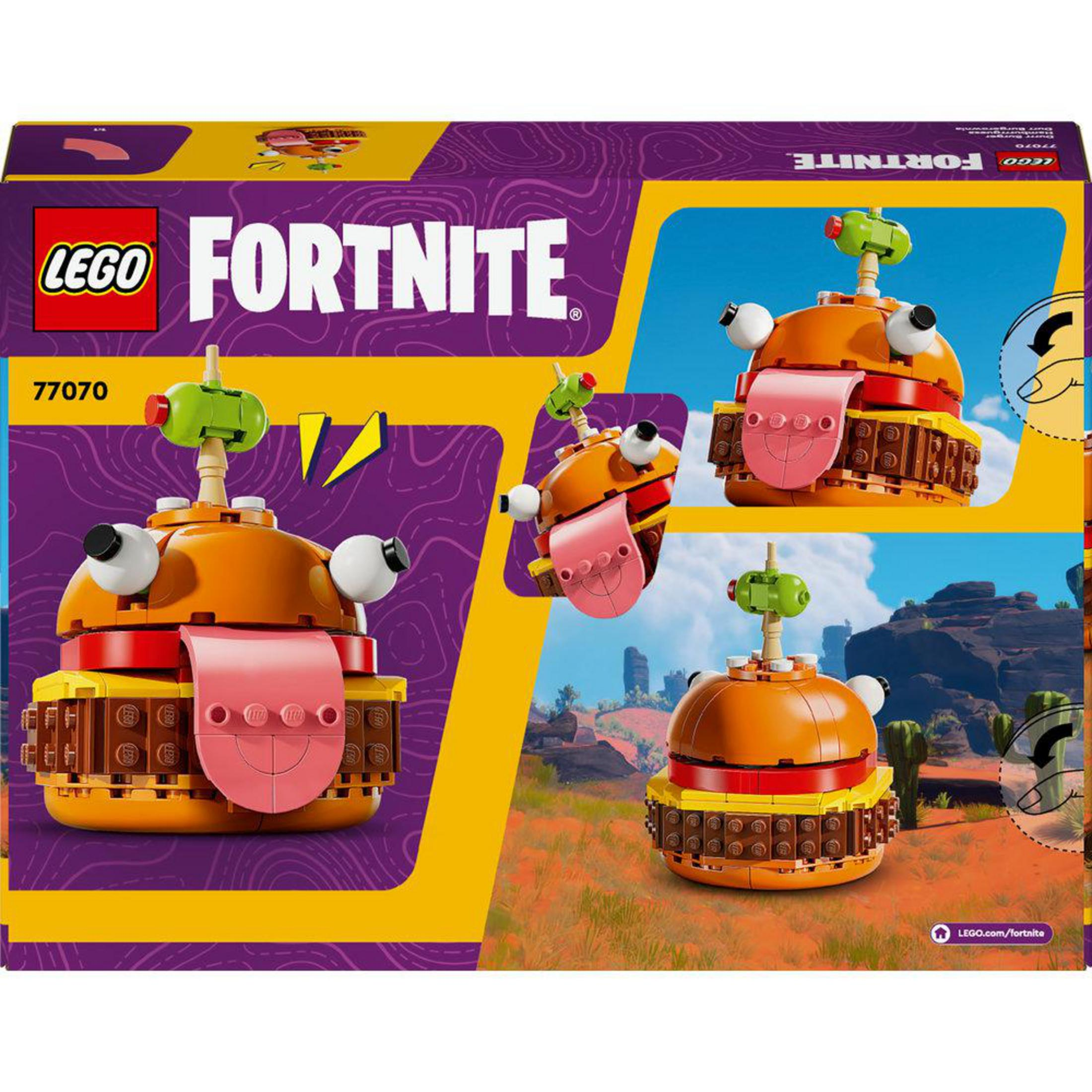 Lego Fortnite Set-Box. Burger-Modell, Zunge herausgestreckt. Mehrere Ansichten.