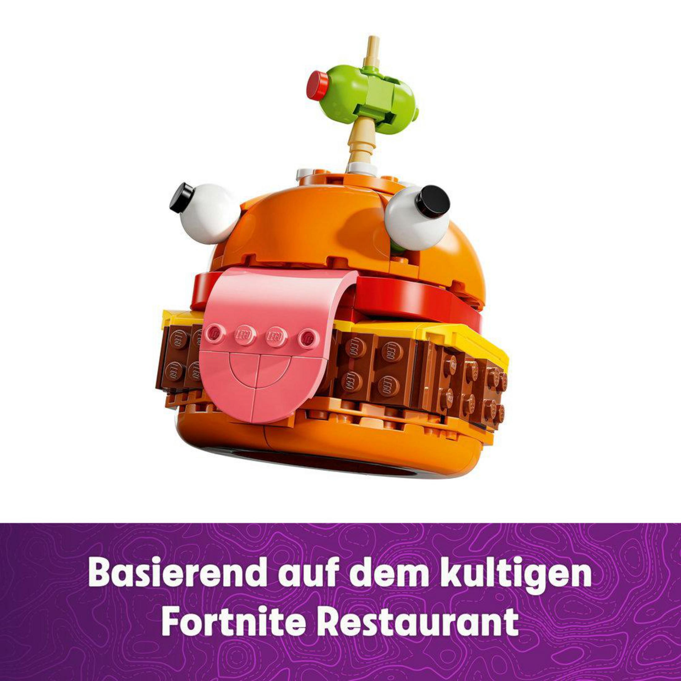 Ein Lego-Burger mit Gesicht, offenem Mund und Augen oben. Text unten.