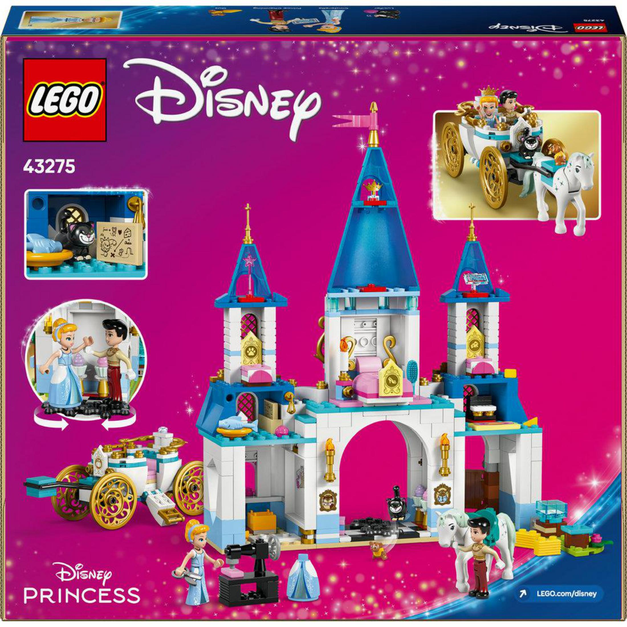 De achterkant van een Lego Disney Cinderella's Castle setdoos. Het toont het kasteel, figuren en een koets. De achtergrond is paars.