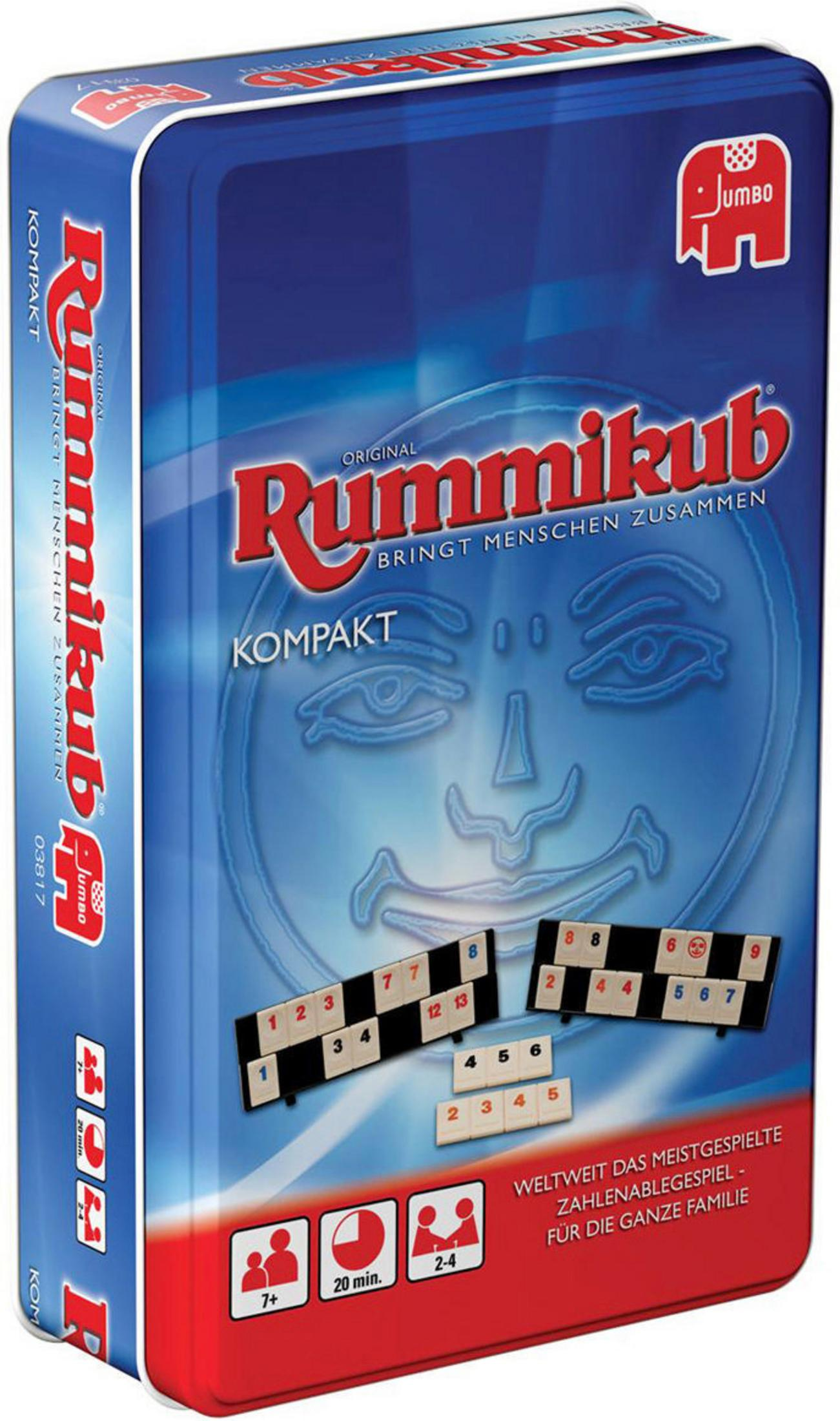 Pudełko gry Rummikub. Niebieska puszka z czerwonymi akcentami. Widoczne elementy gry.