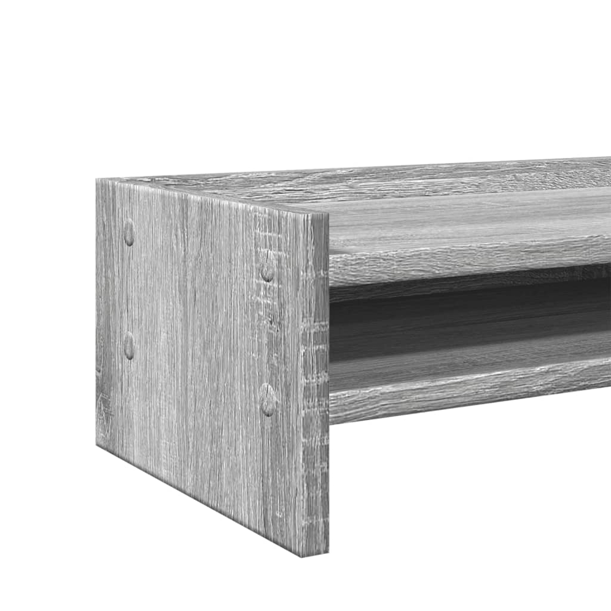 Detail der Holzbordecke. Graue Holzmaserung, zwei Regale, Seitenansicht.
