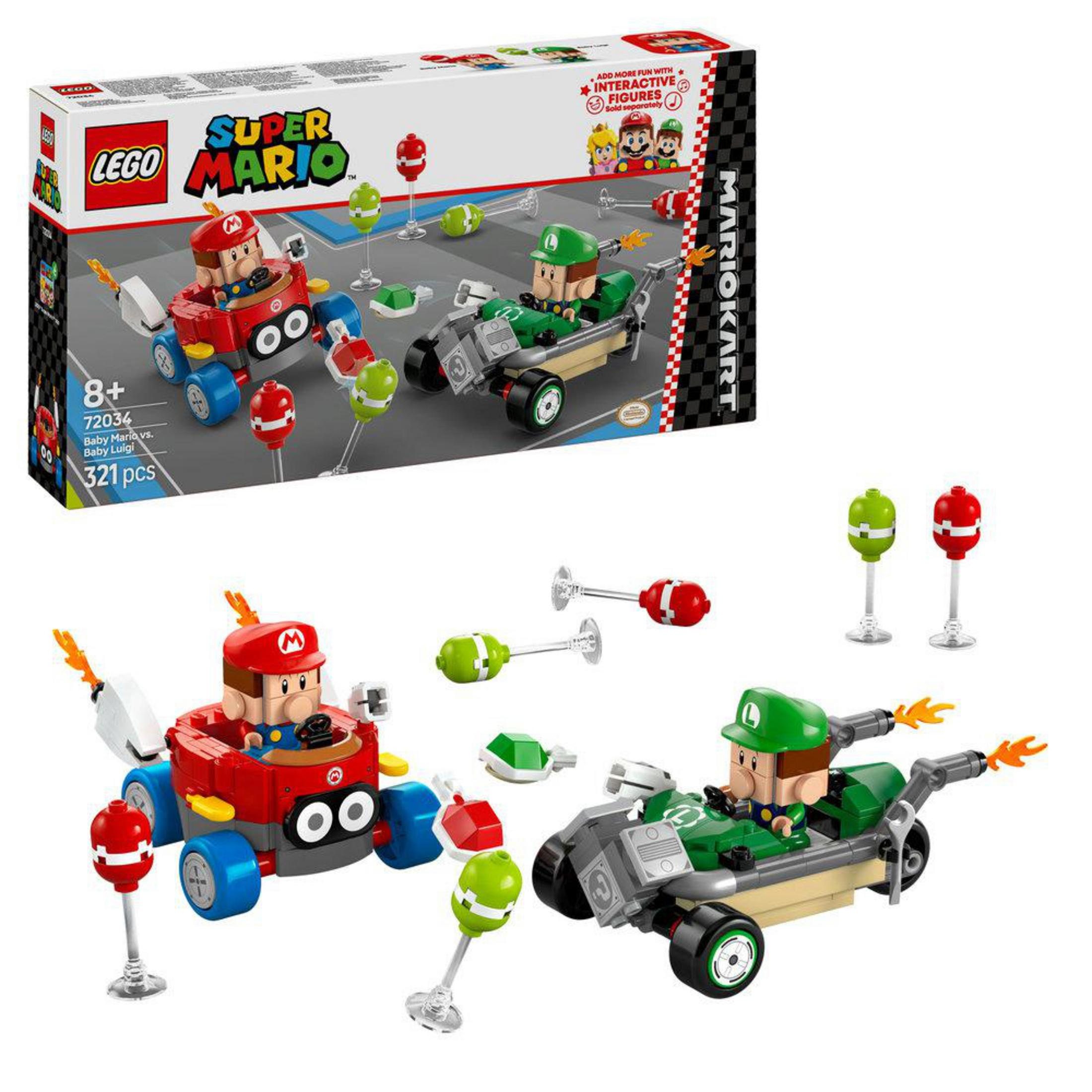 Un set de Lego Super Mario con karts de Baby Mario y Baby Luigi compitiendo, con elementos de pista.