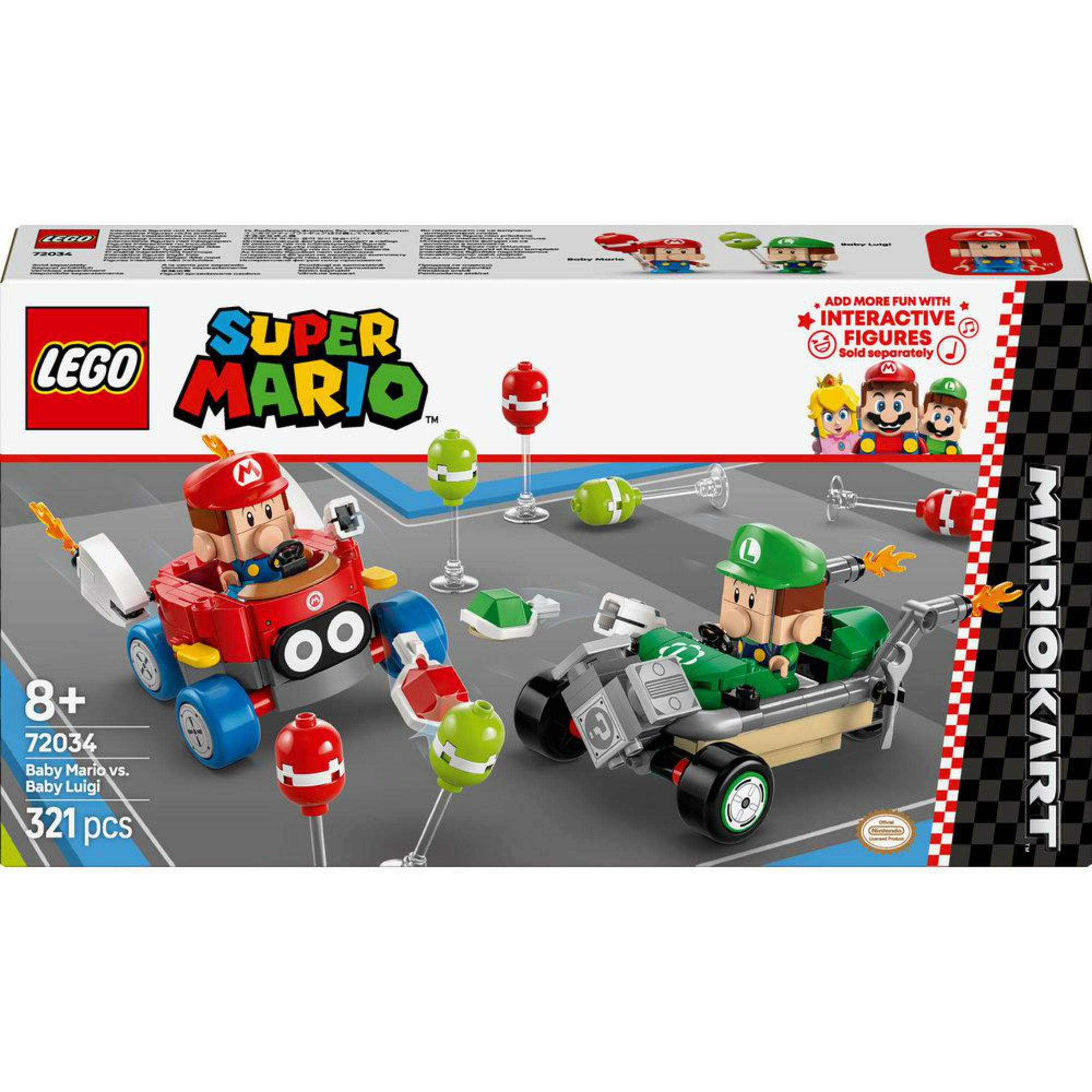 Una caja del set Lego Super Mario mostrando a Baby Mario y Luigi compitiendo en karts con elementos de pista.
