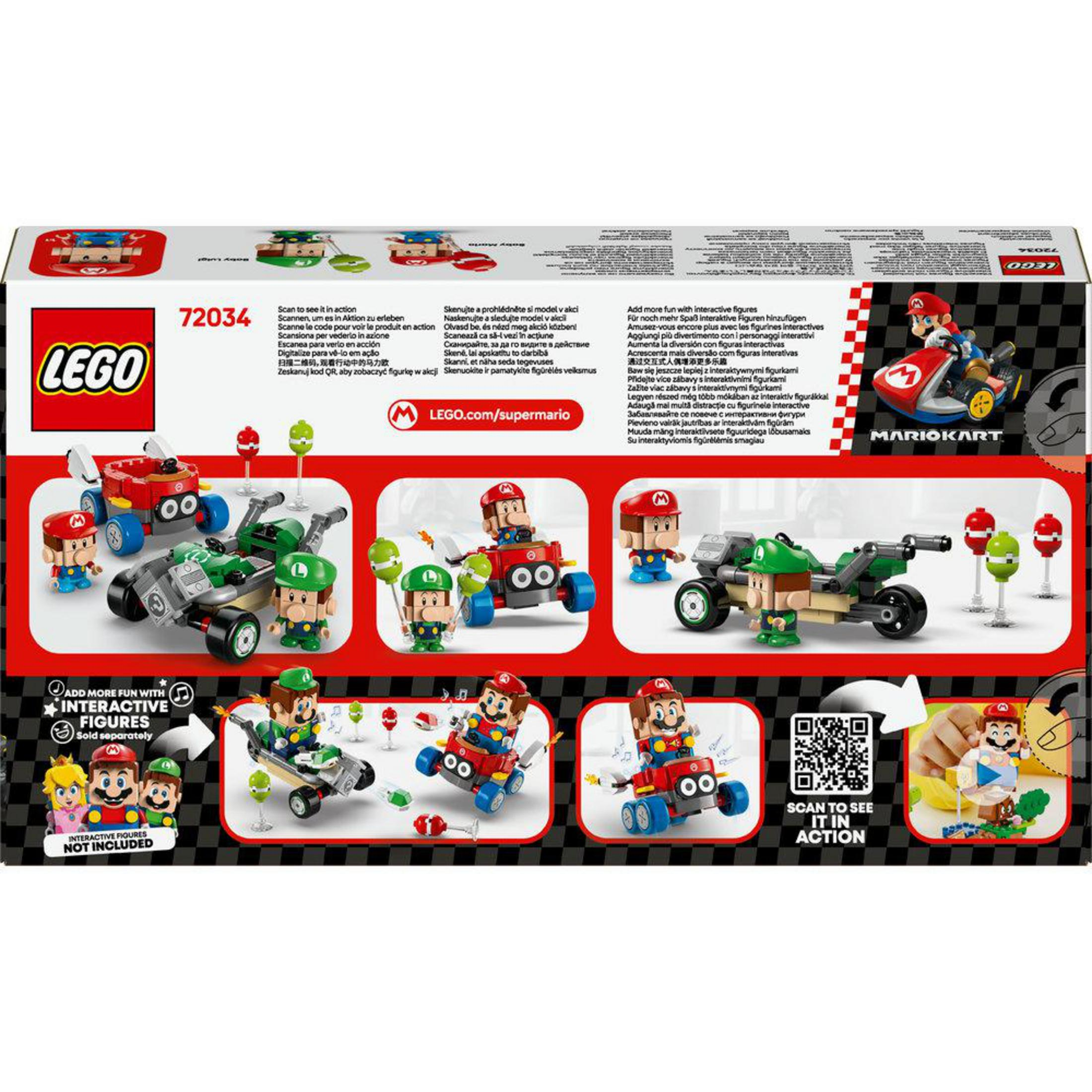 El set de Lego Mario Kart muestra a Mario en un kart y varios personajes.