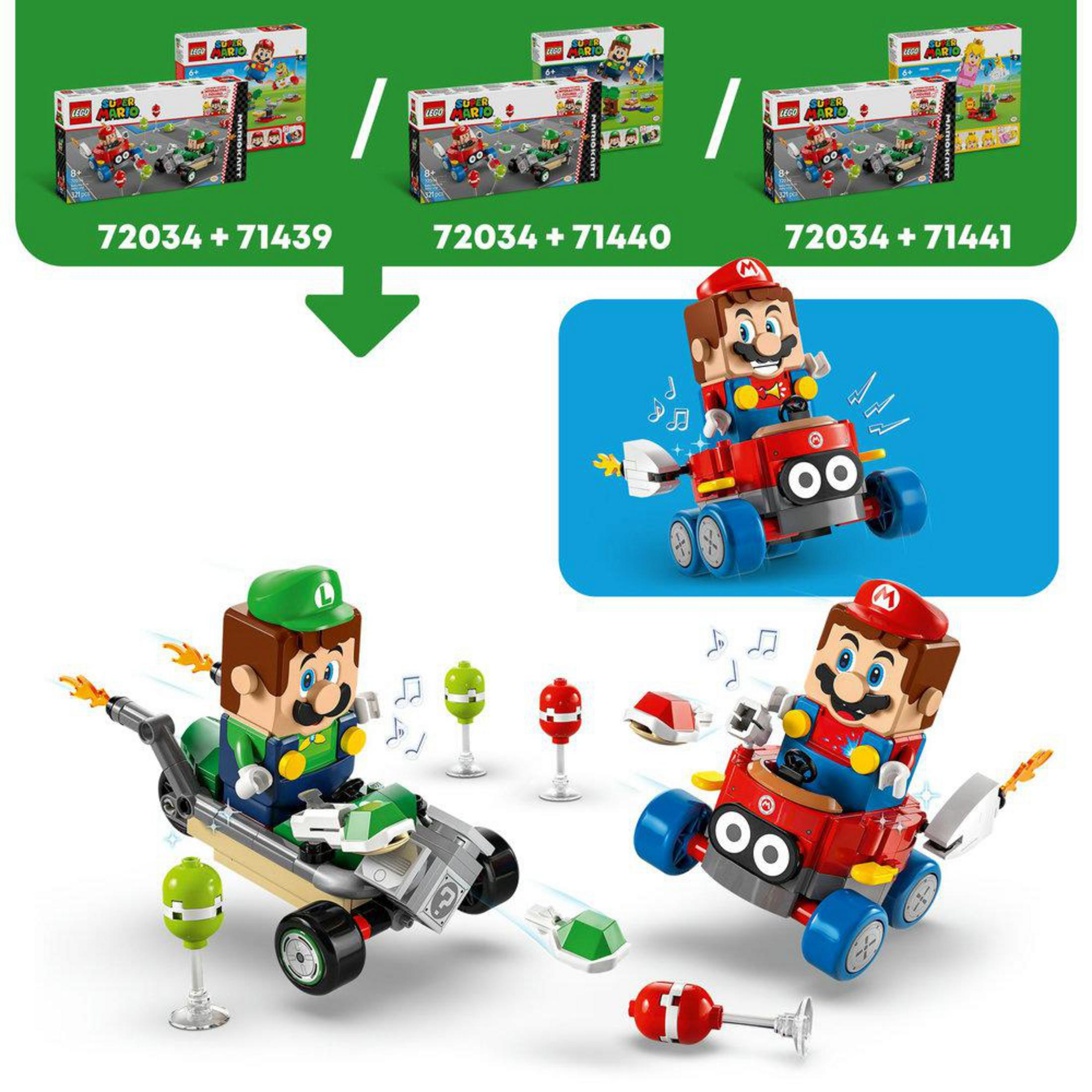 Sets Lego Mario con figuras de Mario y Luigi en karts. Combinaciones de colores verde y rojo. Figuras en acción.