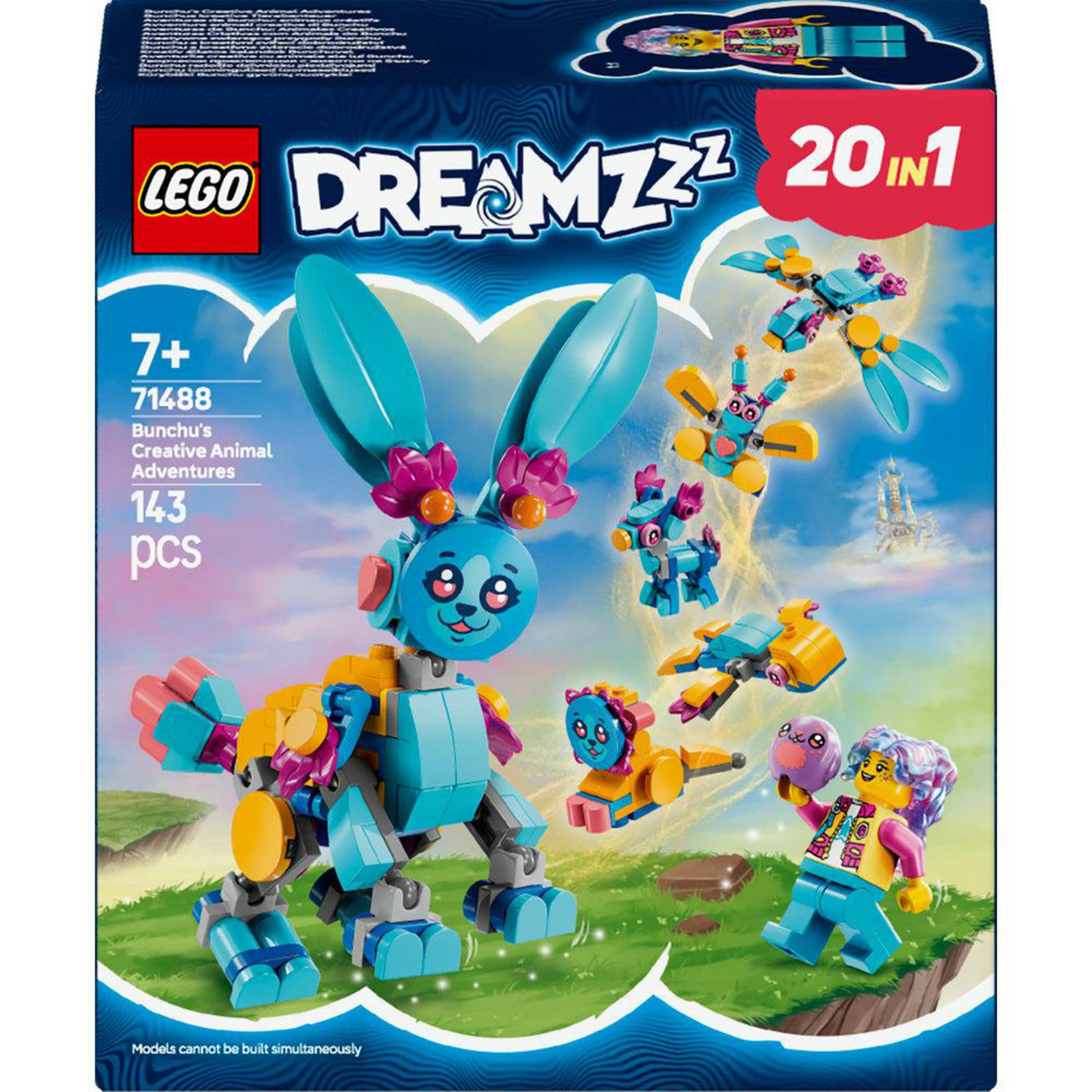 Un set scatola Lego Dreamzzz con una grande creatura blu simile a un coniglio e molteplici piccole costruzioni.